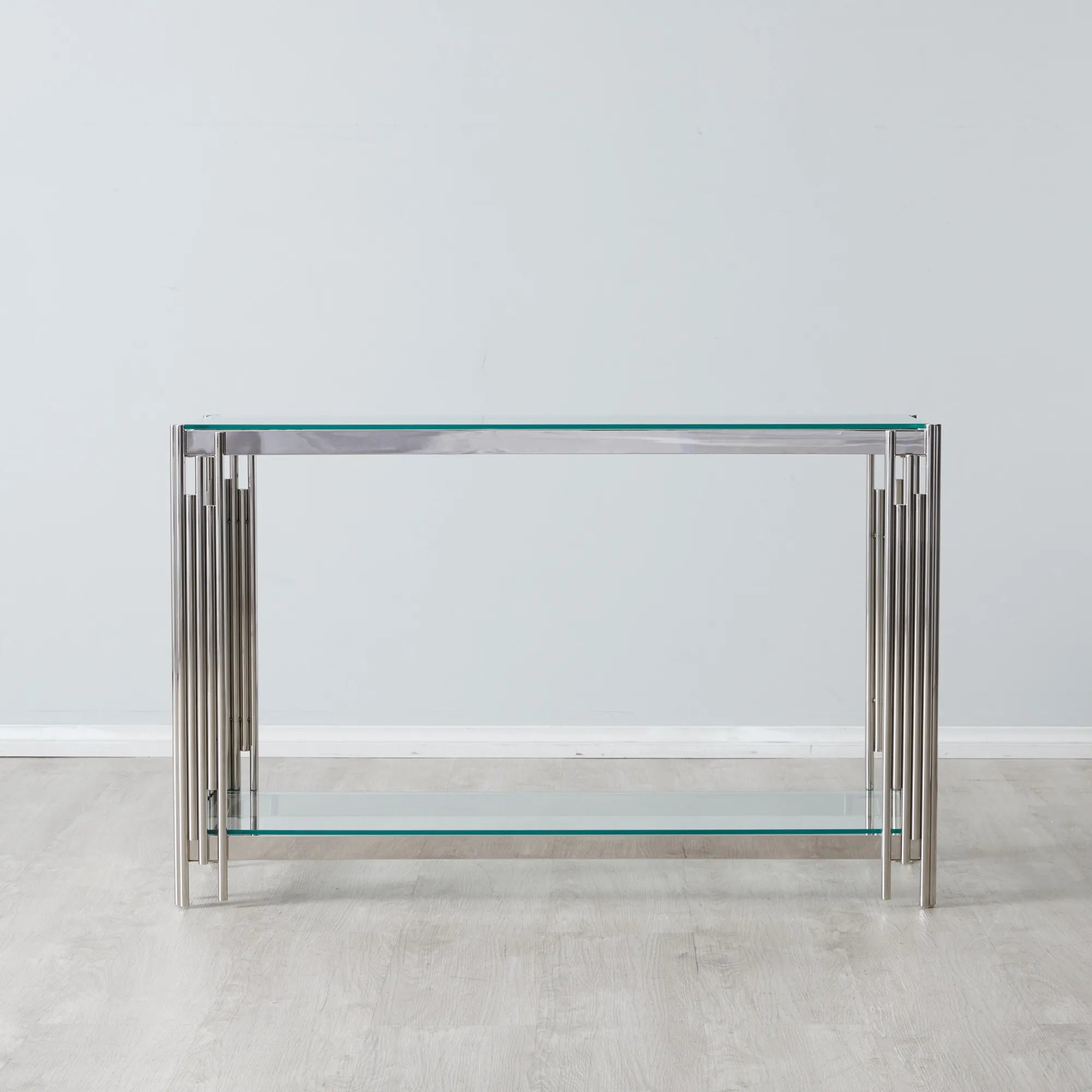 Cohen Contemporary Stainless Steel & Glass Console Table – Modern Chrome Dressing / Hallway Table 120cm Colton Range