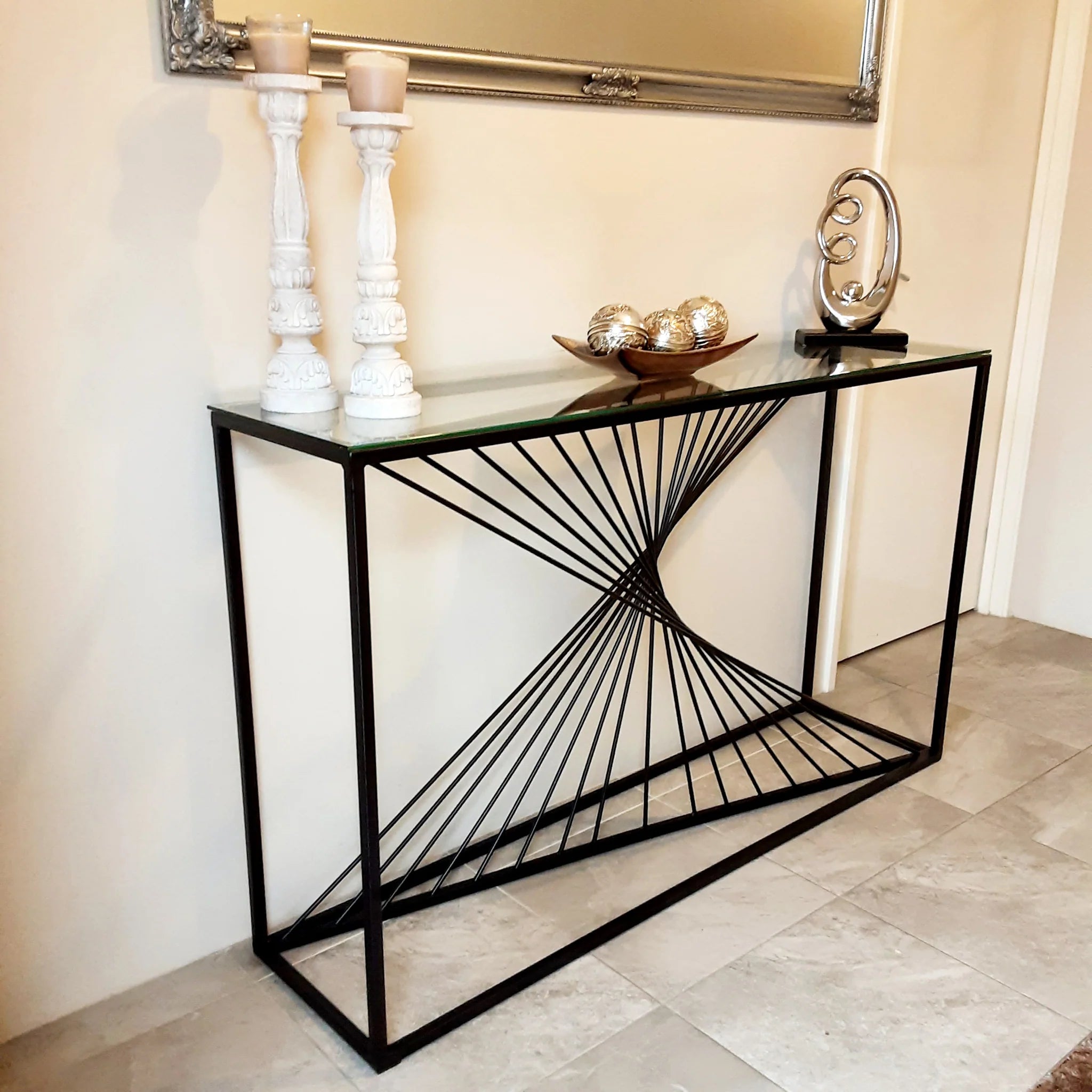 Luna Black Metal Twist Glass Topped Luxury Console Table