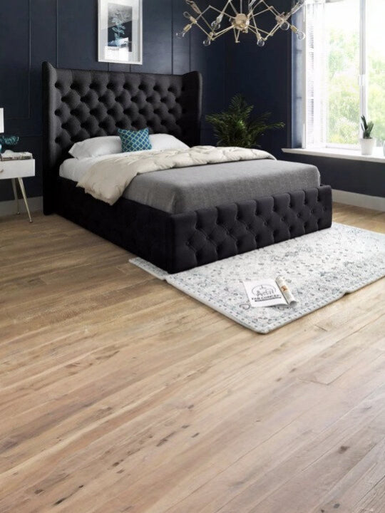 The Bespoke Lynnette Wide Winged Upholstered Soft Velvet Bed Frame-Fully Customisable With Ottoman Storage- Velvet Monaco Range