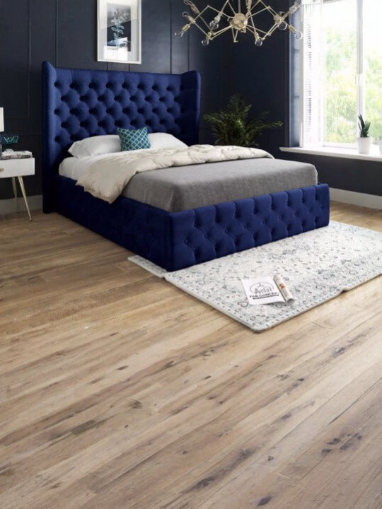 The Bespoke Lynnette Wide Winged Upholstered Soft Velvet Bed Frame-Fully Customisable With Ottoman Storage- Velvet Monaco Range