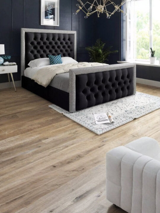 The Bespoke Riley Glitter Border Upholstered Soft Velvet Bed Frame- Fully Customisable with Storage Options- Monaco velvet range
