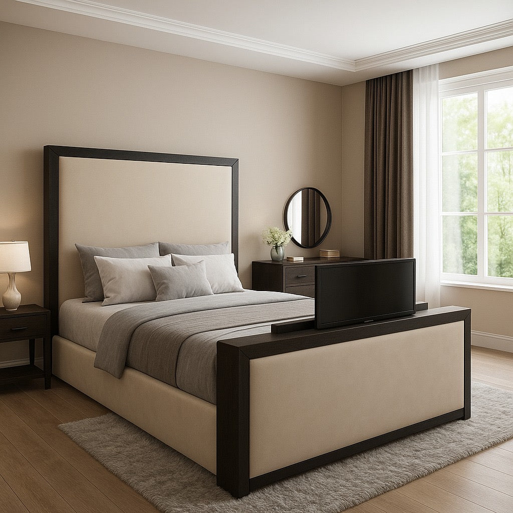 The Bespoke Zoe Metal TV Bed- Fully Customisable with Storage Options- Luxe Tv Range