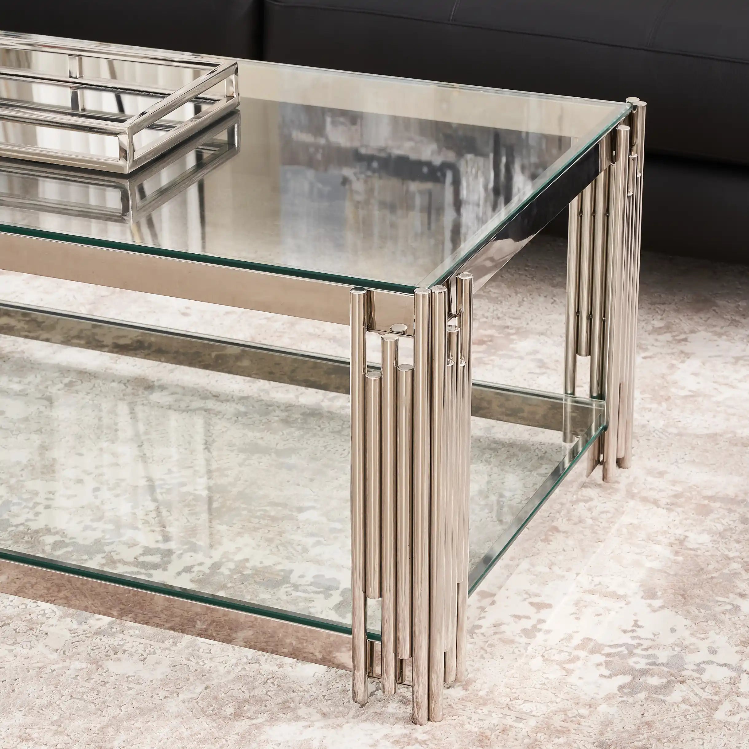 Cohen Modern Stainless Steel & Tempered Glass Coffee Table Rectangular with Magazine Shelf 120cm– Colton Luxury Style