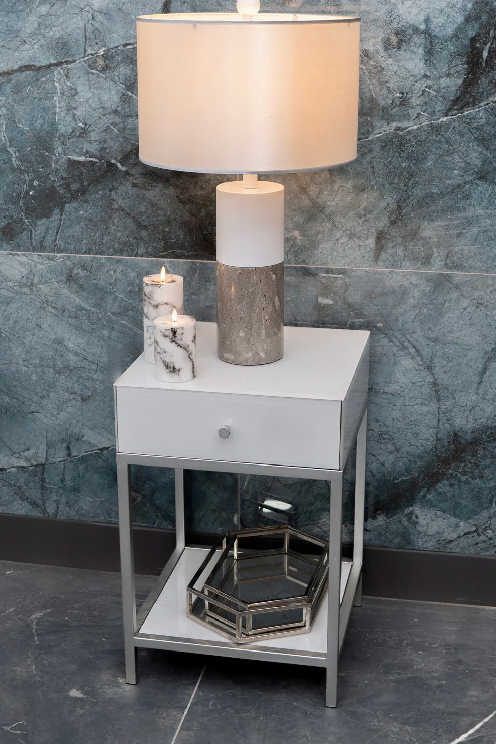 Monaco White & Silver Luxury Bedside Table