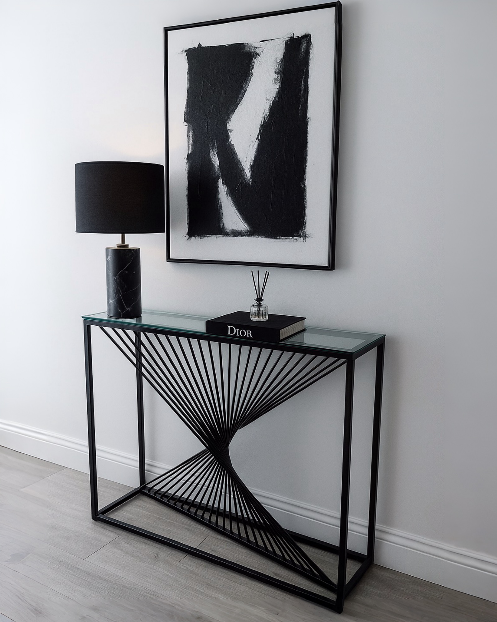 Luna Black Metal Twist Console Table – Sculptural Matte-Black Frame with Tempered Glass Top
