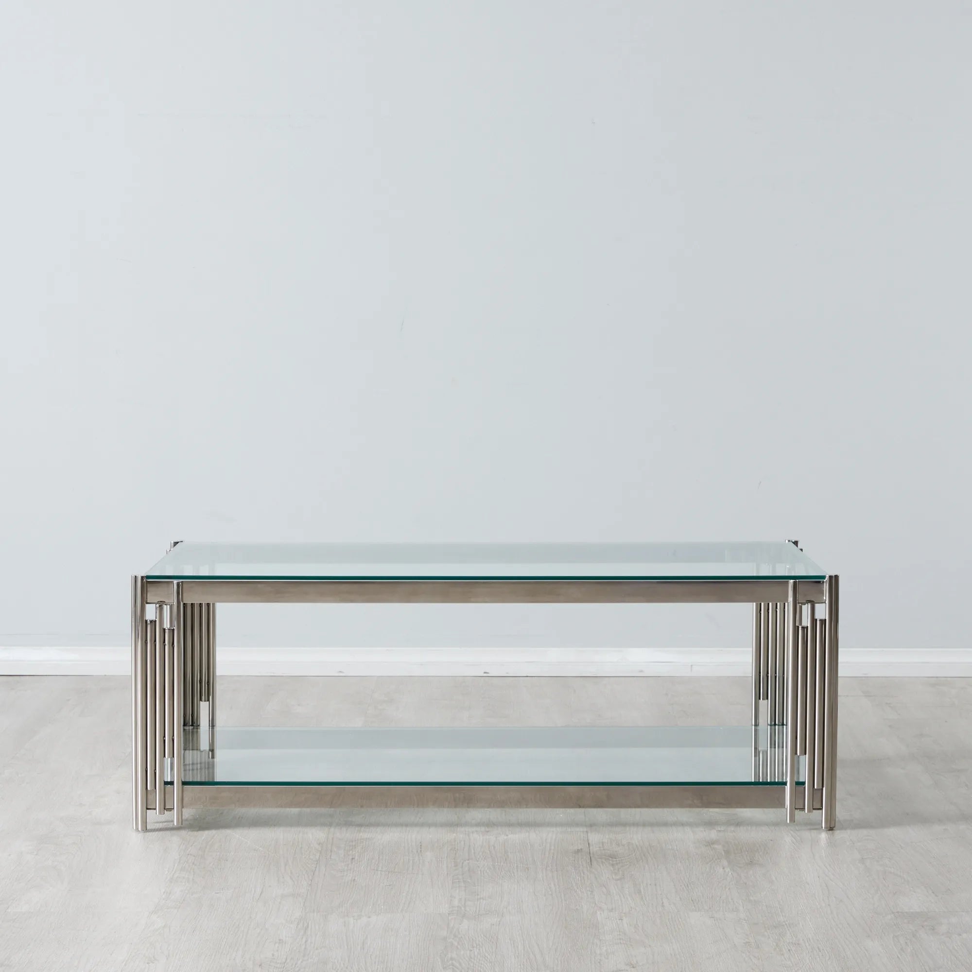 Cohen Modern Stainless Steel & Tempered Glass Coffee Table Rectangular with Magazine Shelf 120cm– Colton Luxury Style