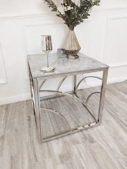 Stella Chrome Lamp Table with Stomach Ash Grey Sintered Top