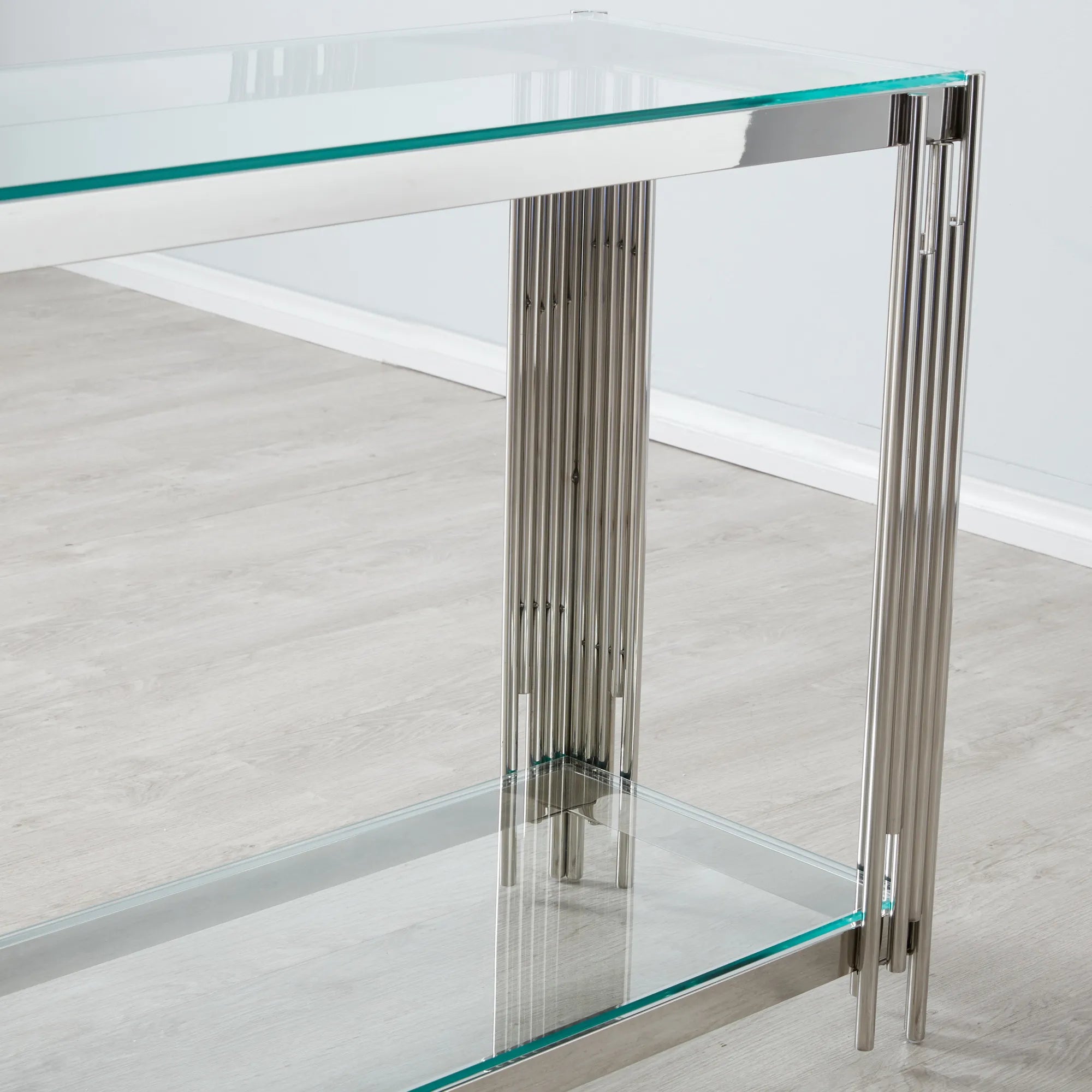 Cohen Contemporary Stainless Steel & Glass Console Table – Modern Chrome Dressing / Hallway Table 120cm Colton Range