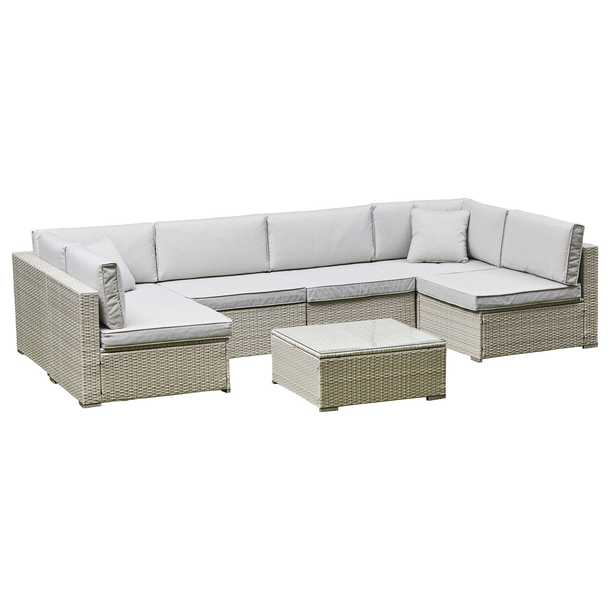 Grey Modular Rattan Corner Sofa Set – Outdoor Lounge with Coffee Table