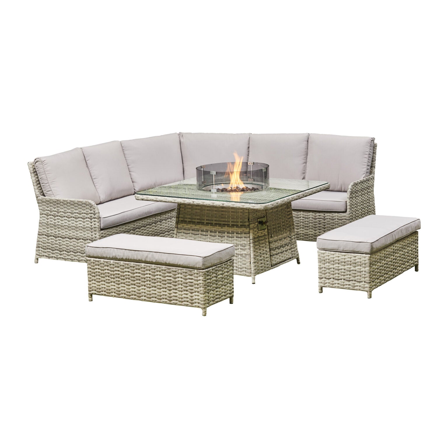 Grey Firepit Dining Set – Spacious Corner Sofa with Firepit Table and Showerproof Cushions for Ultimate Outdoor Comfort