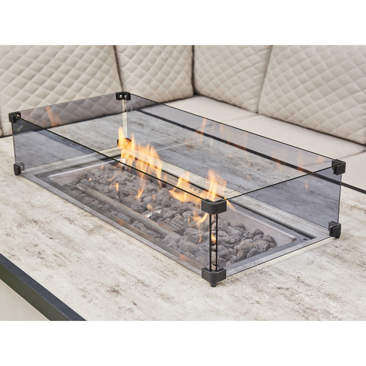 Beige Firepit Dining Set – Elegant Outdoor Corner Sofa with Ceramic Table and Aluminium Frame