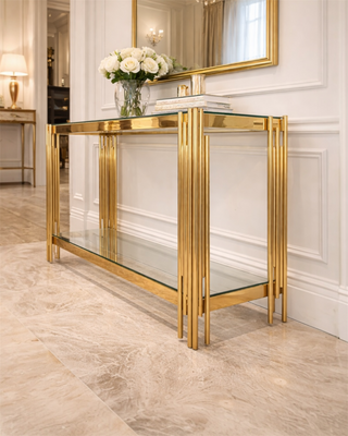 Cohen Gold Metal Tubes & Clear Glass Gold Console Table