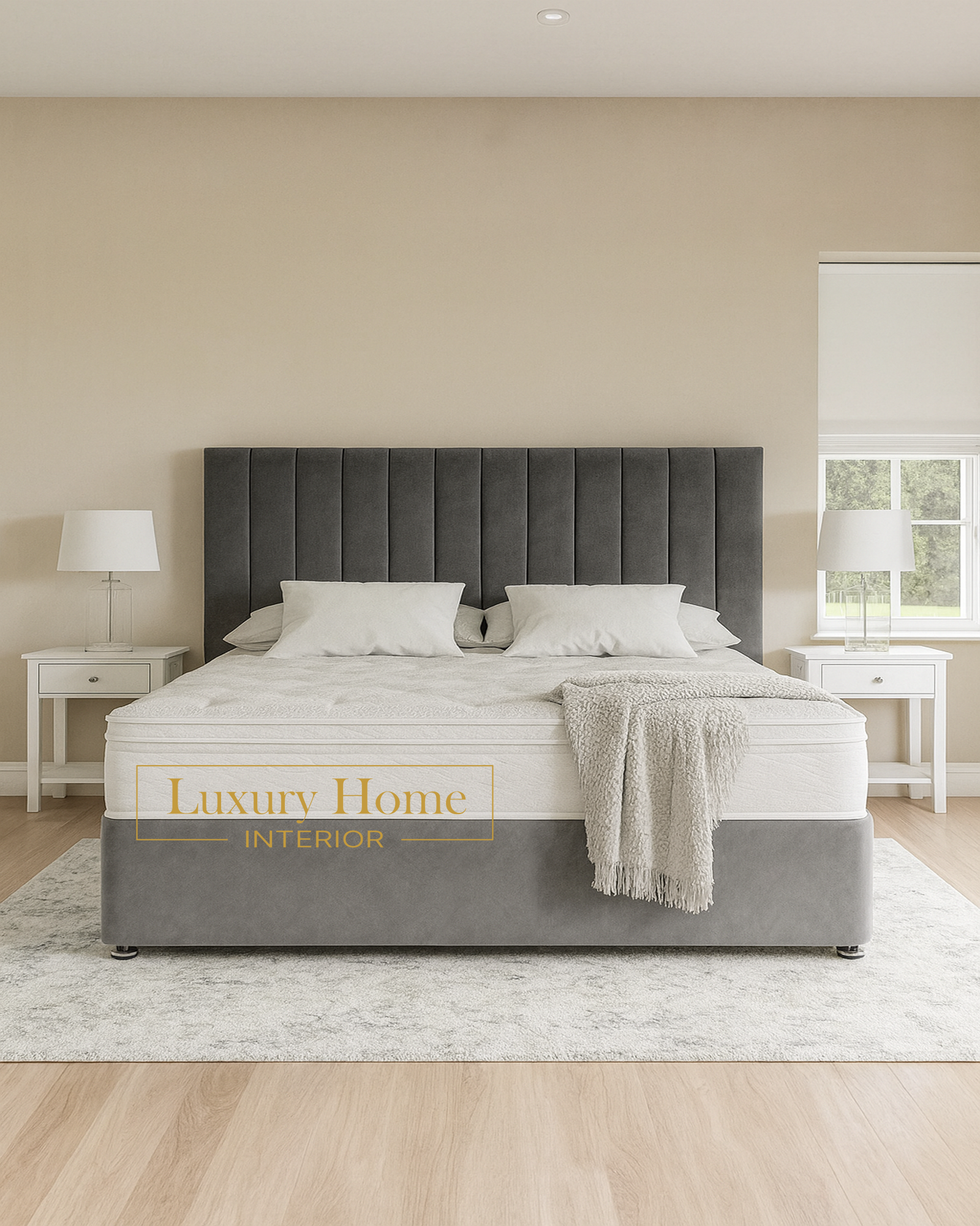The Bespoke Aria Divan Bed With Vertical Line Headboard-Fully Customisable with Storage Options- Velvet Monaco Range