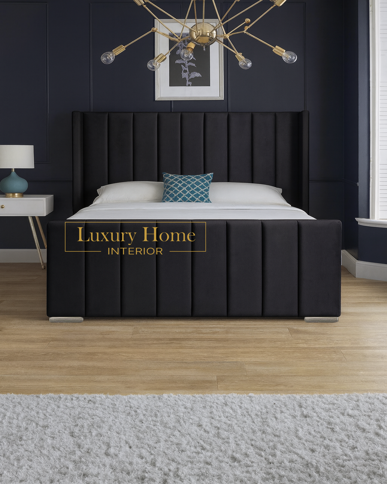 The Bespoke Charlotte Straight Winged Upholstered Soft Velvet Bed Frame - Fully Customisable with Storage Options- Alexa Wingback Range