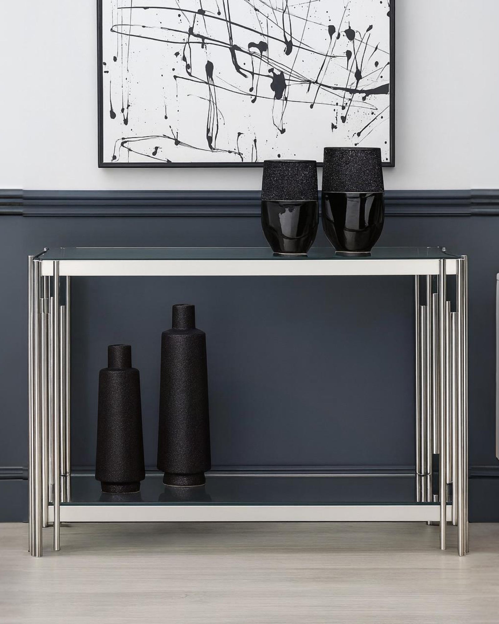 Cohen Contemporary Stainless Steel & Glass Console Table – Modern Chrome Dressing / Hallway Table 120cm Colton Range