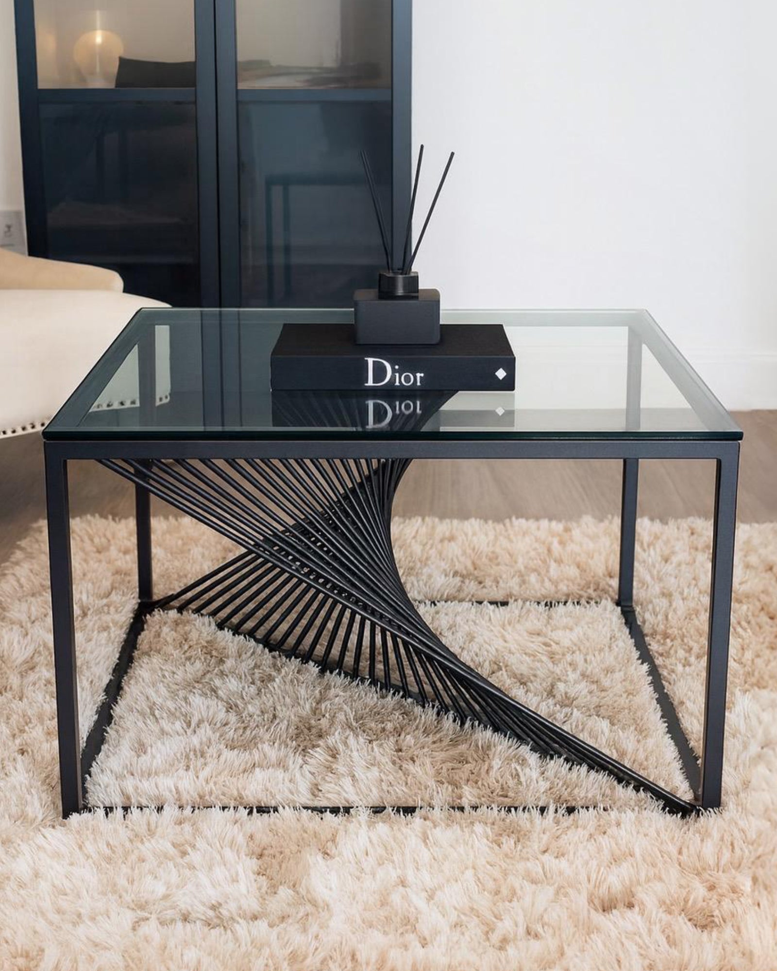 Luna Black Twist-Metal & Tempered Glass Coffee Table – Modern Sculptural Design