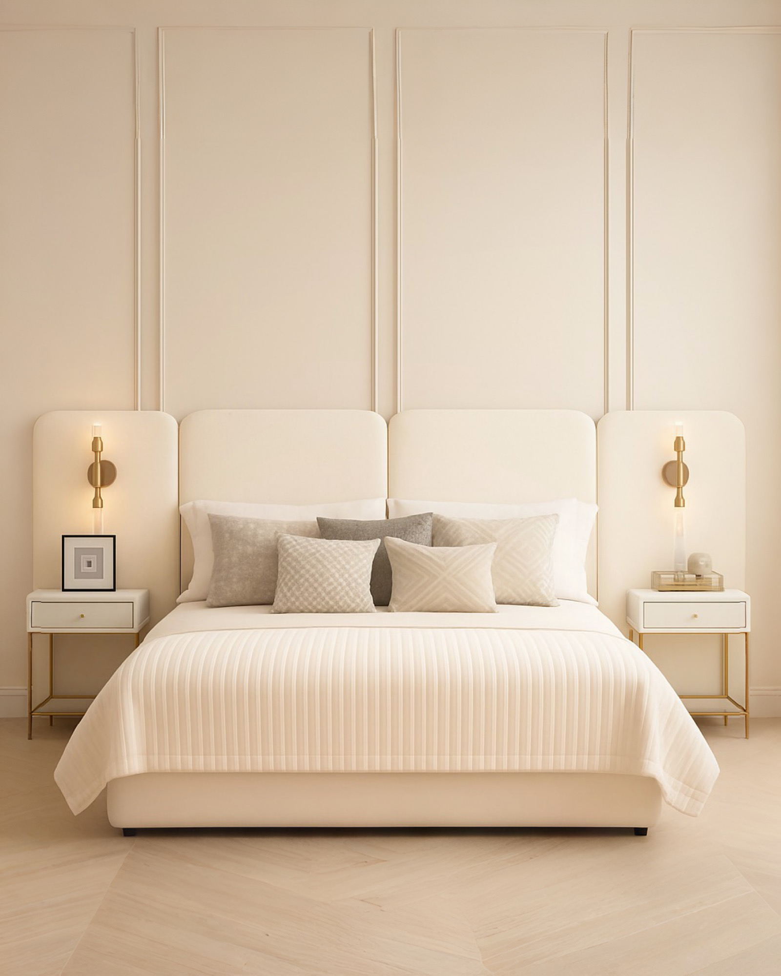 The Bespoke Mia Panelled Bed with Lights- Fully Customisable with Storage Options- Cream Chloe Boucle Range