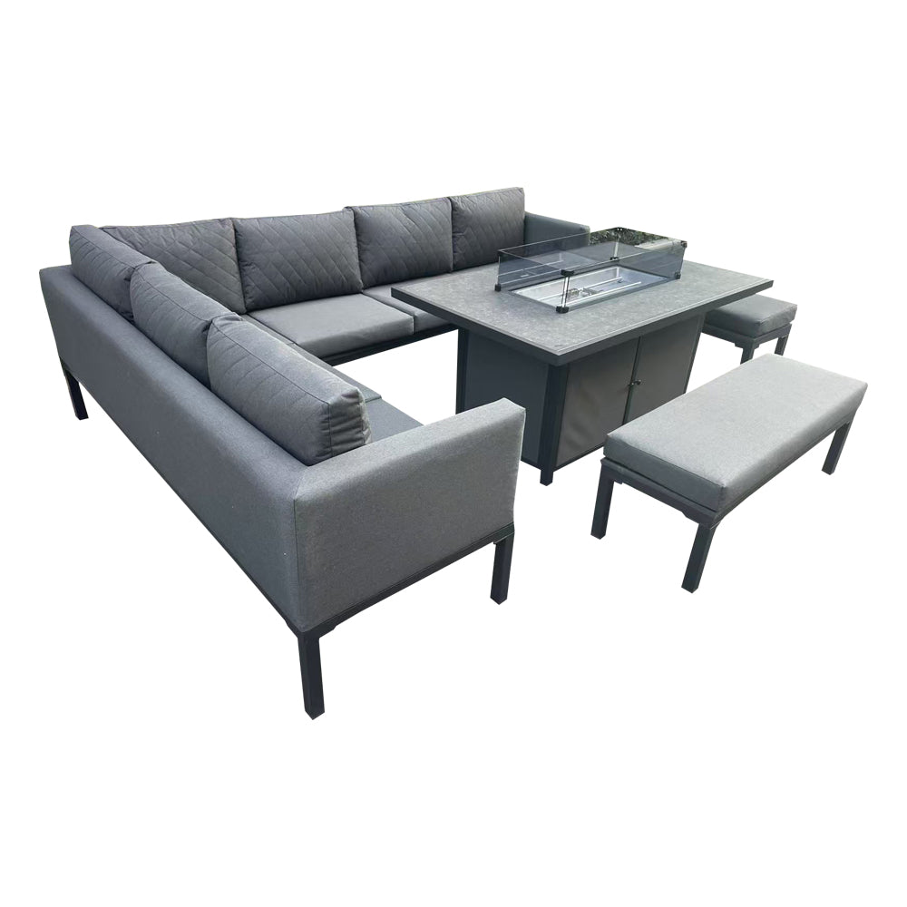 Grey Firepit Dining Set – Elegant Outdoor Sofa with Ceramic Table and Aluminium Frame