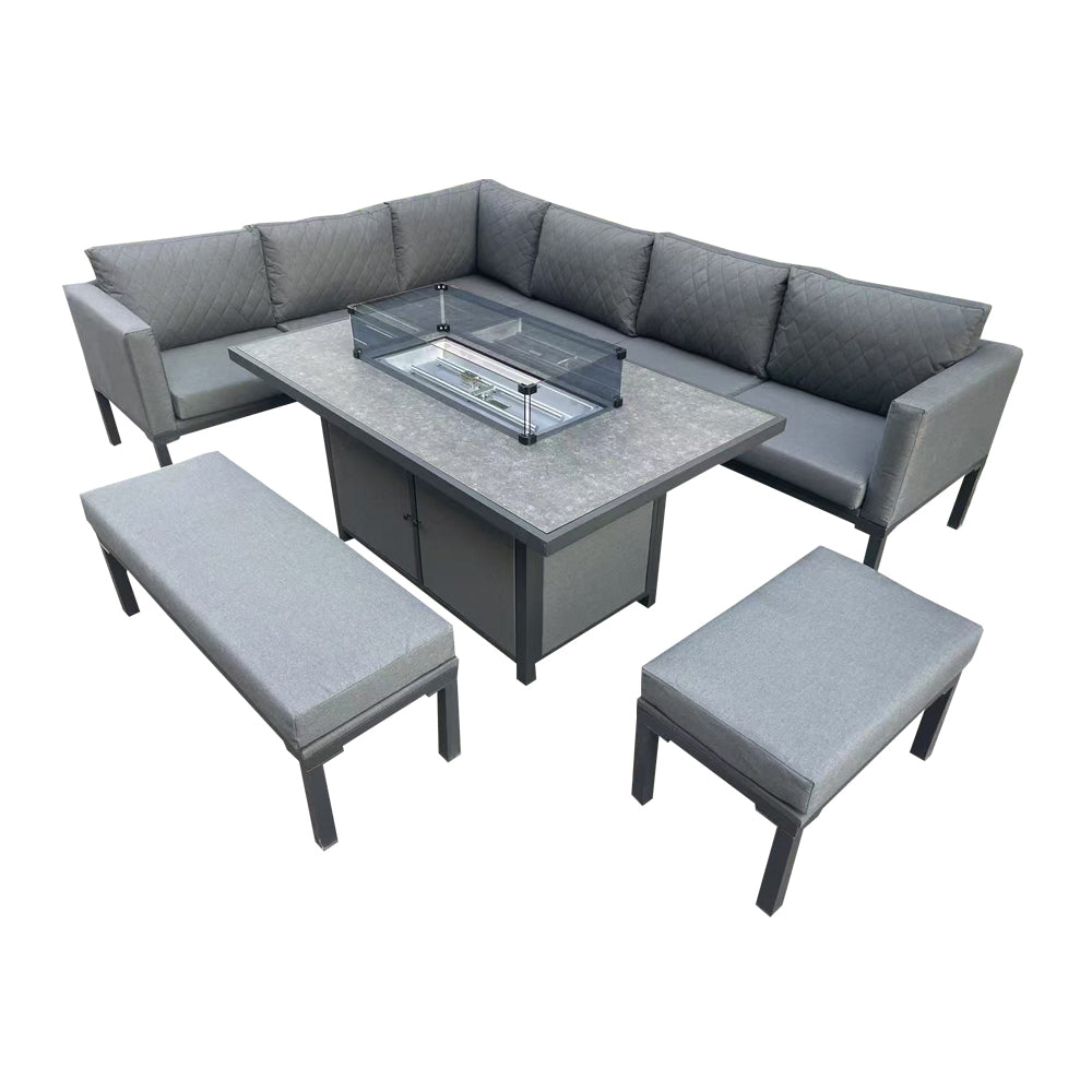 Grey Firepit Dining Set – Elegant Outdoor Sofa with Ceramic Table and Aluminium Frame