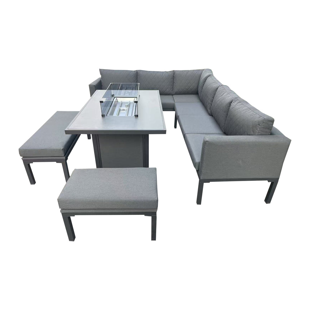 Grey Firepit Dining Set – Elegant Outdoor Sofa with Ceramic Table and Aluminium Frame