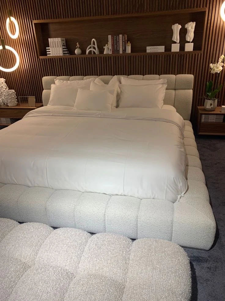 The Bespoke Taysia Boucle Upholstered Bed Frame- Fully Customisable with Storage Options- Cream Artic Chloe Boucle Range