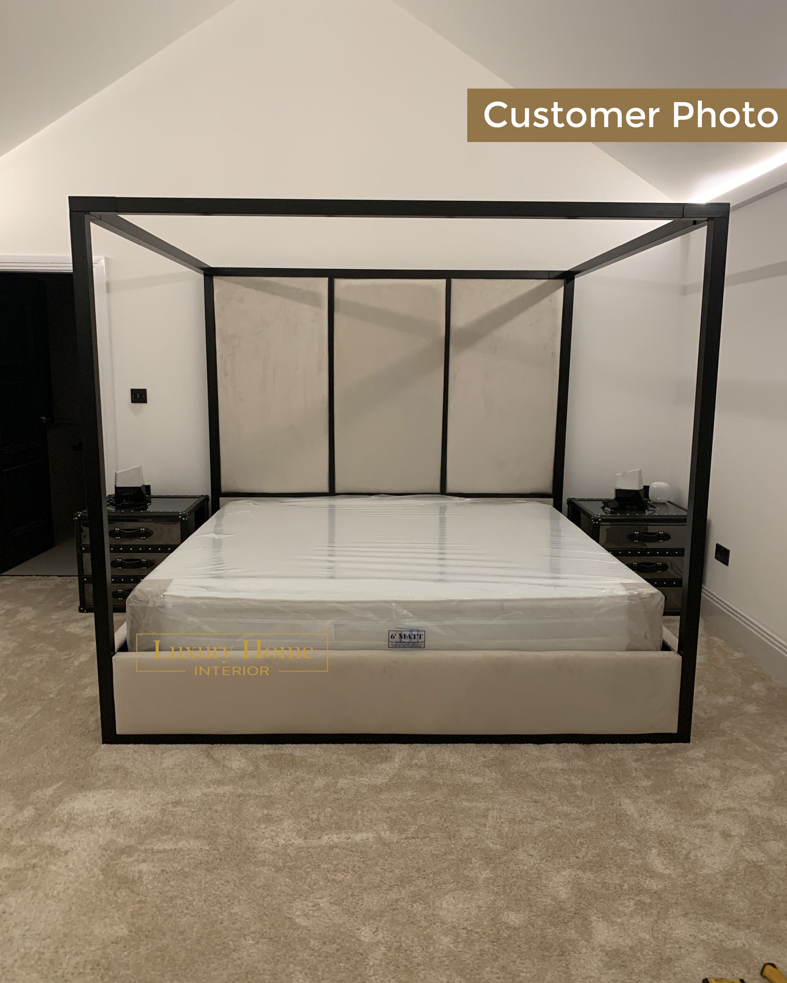 The Bespoke Royal Kensington Luxe 4 Poster Bed with Black Metal Surround- Black & Cream Fully Customisable with Storage Options- Washington Black Border Range