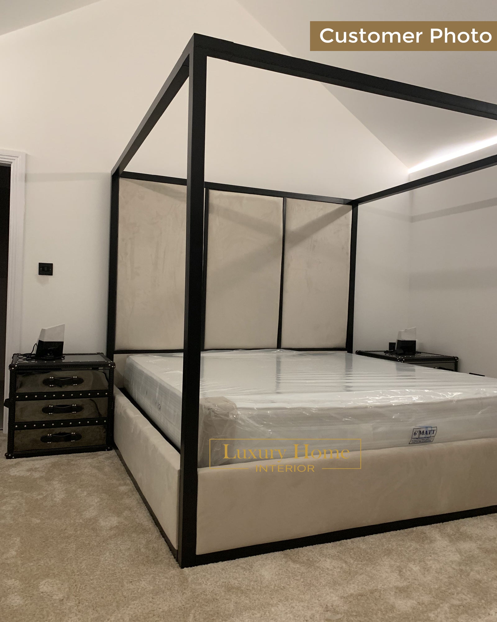 The Bespoke Royal Kensington Luxe 4 Poster Bed with Black Metal Surround- Black & Cream Fully Customisable with Storage Options- Washington Black Border Range