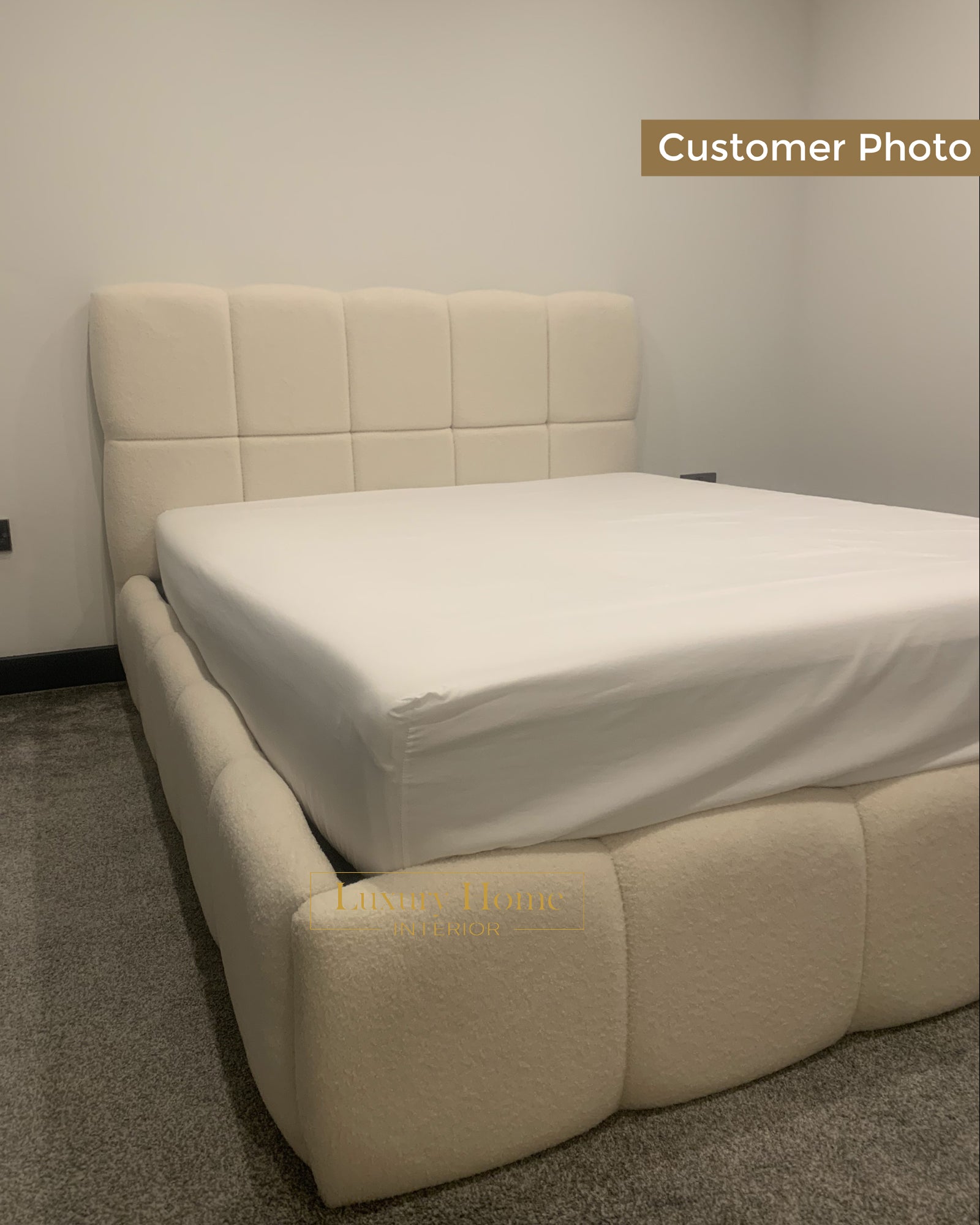 The Bespoke Taylor Boucle Upholstered Bed Frame- Fully Customisable with Storage Options- Cream Artic Chloe Boucle Range