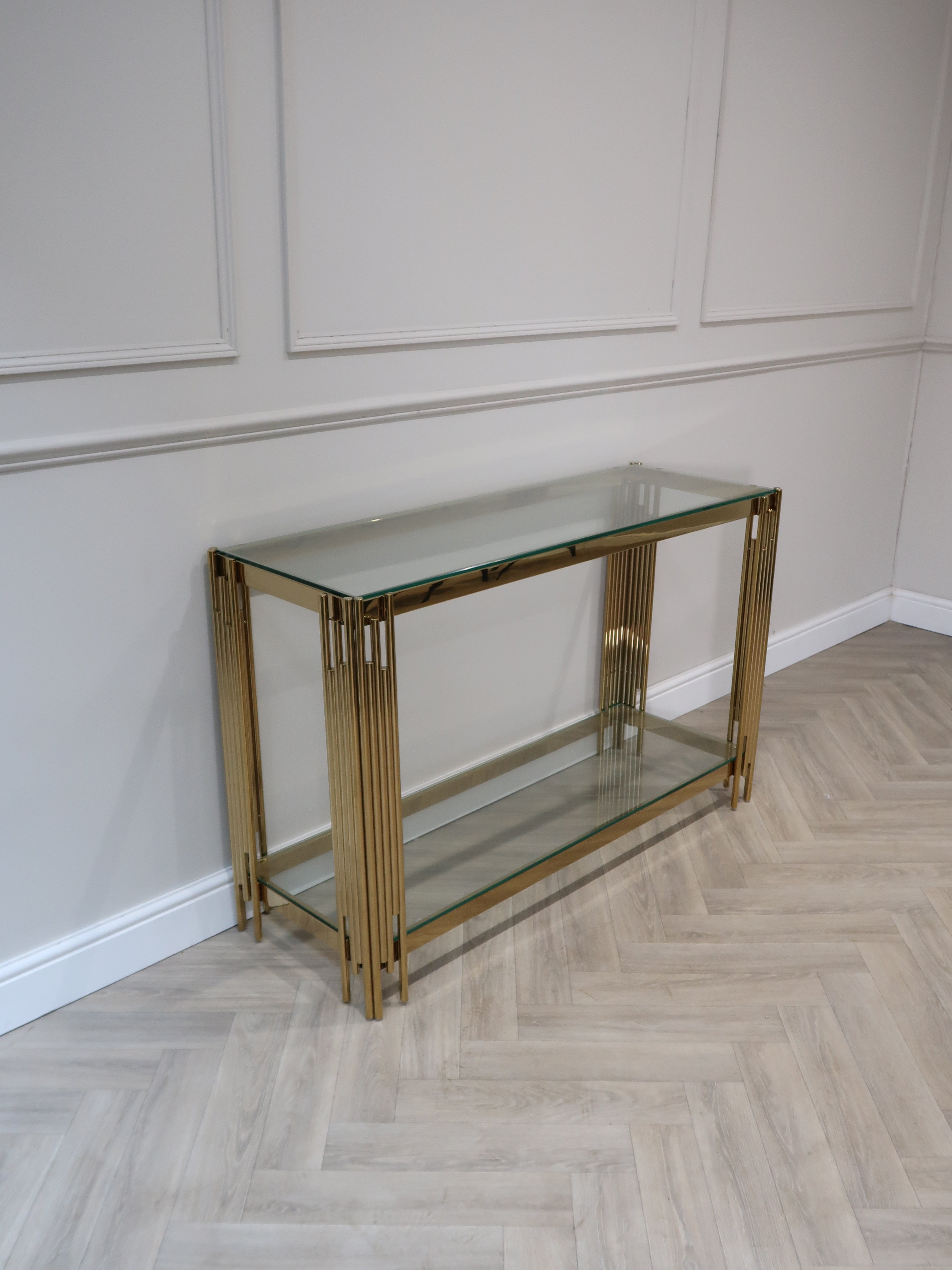 Cohen Gold Metal Tubes & Clear Glass Gold Console Table