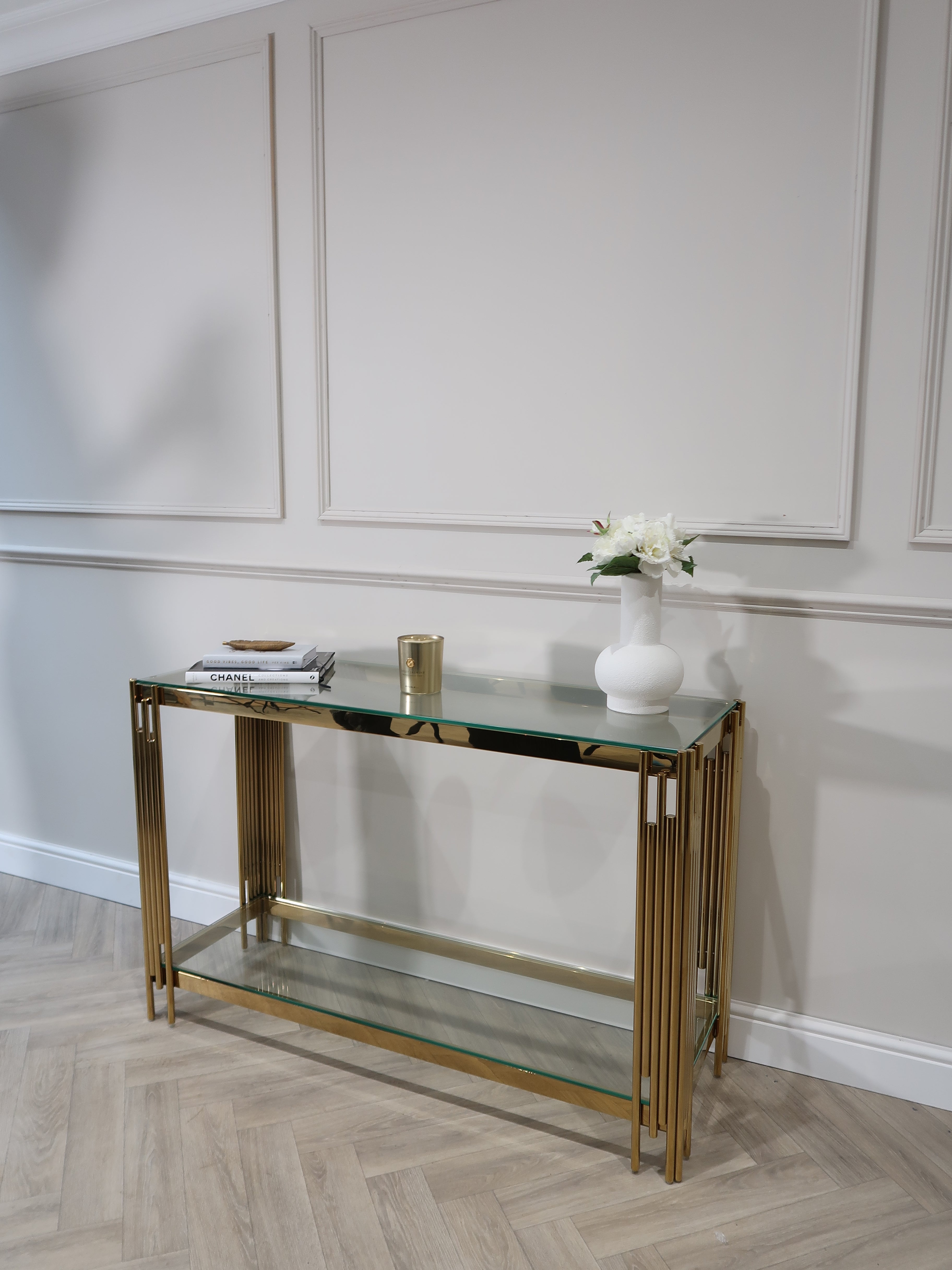 Cohen Gold Metal Tubes & Clear Glass Gold Console Table