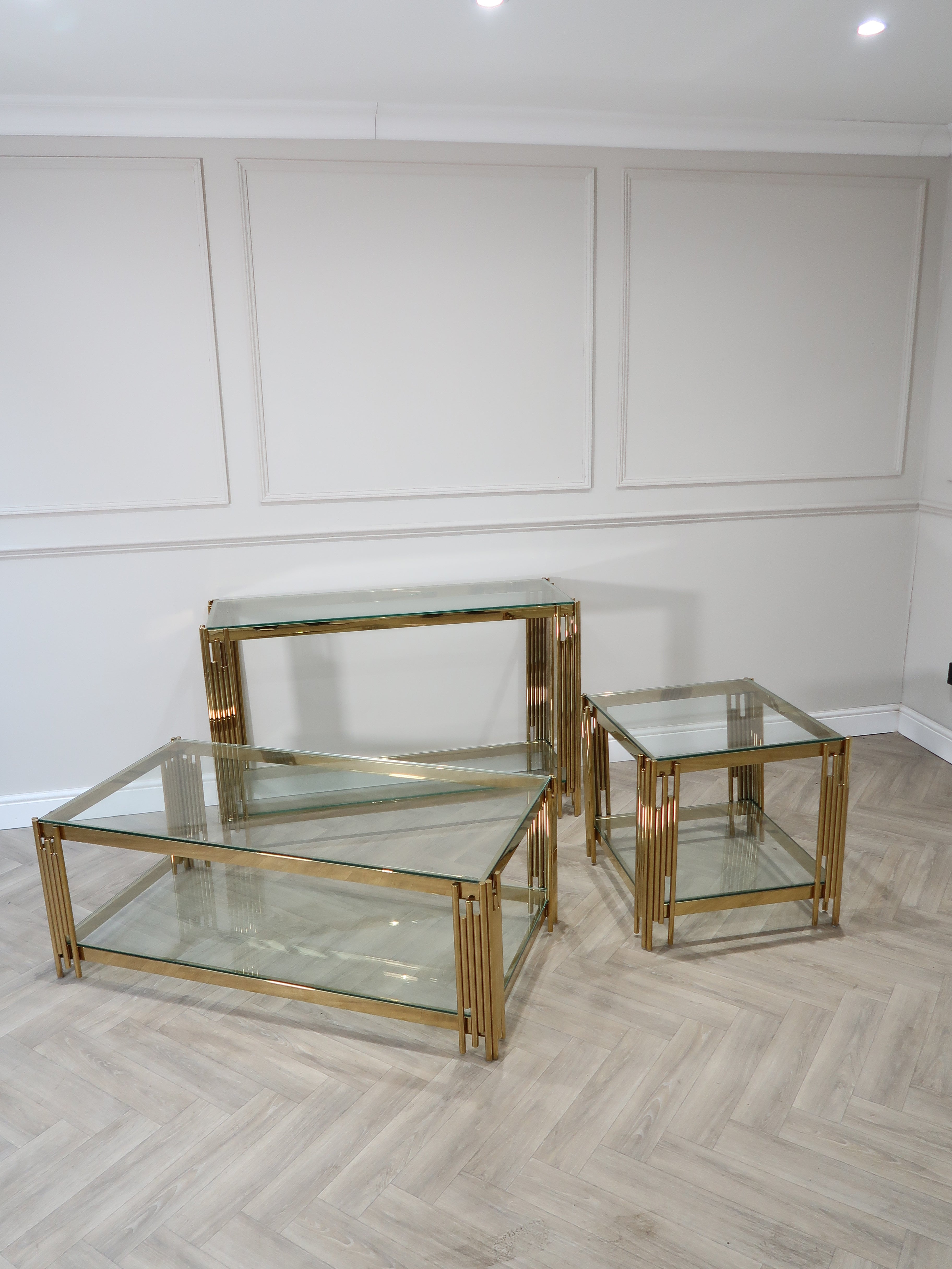 Cohen Gold Metal Tubes & Clear Glass Gold Console Table