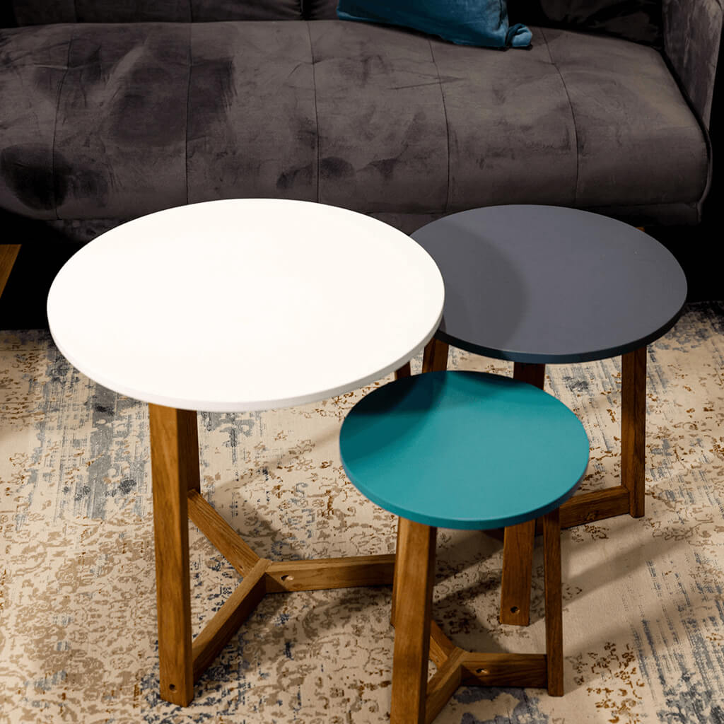Dwell Aqua, Steel Blue, White & Solid Oak Side Tables