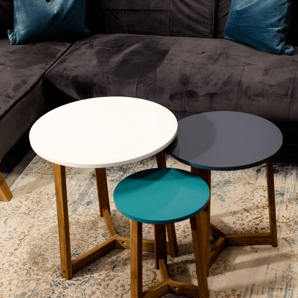 Dwell Aqua, Steel Blue, White & Solid Oak Side Tables