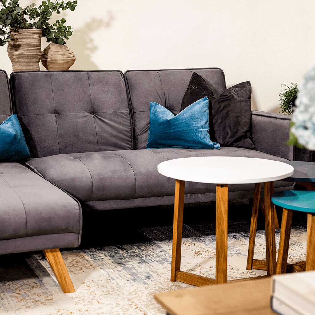 Dwell Aqua, Steel Blue, White & Solid Oak Side Tables