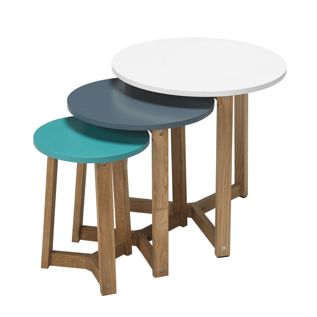 Dwell Aqua, Steel Blue, White & Solid Oak Side Tables