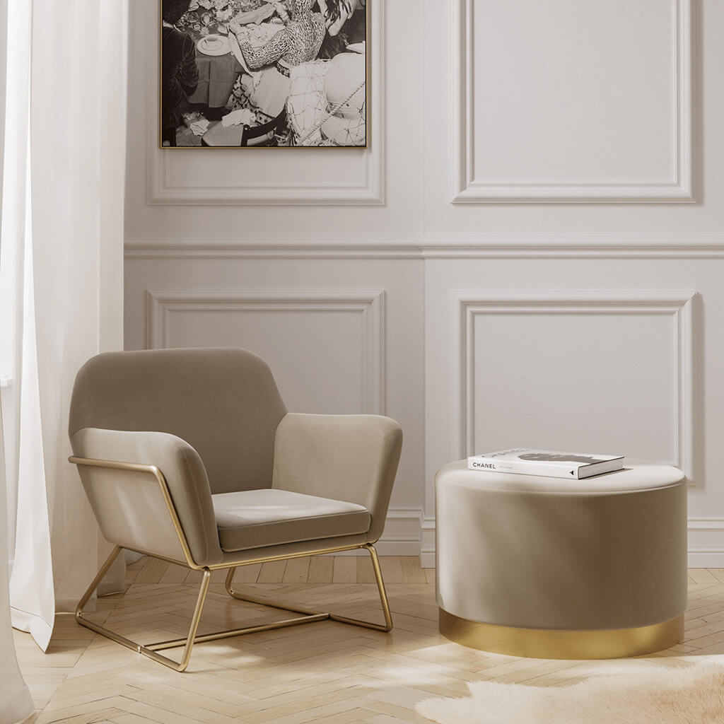 Luxe Beige Velvet Large Pouffe