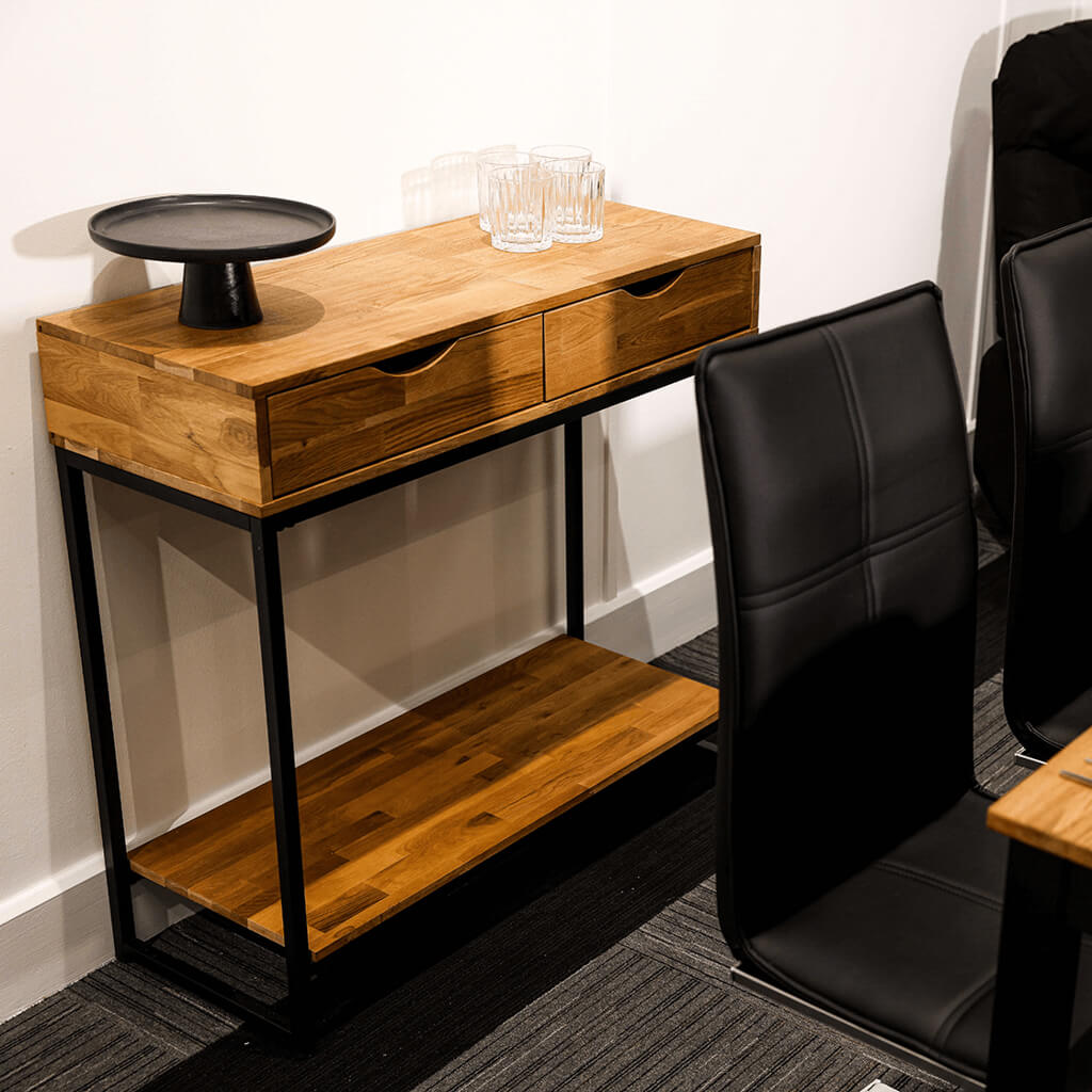Trego Console Table Solid Oak Black Metal Frame