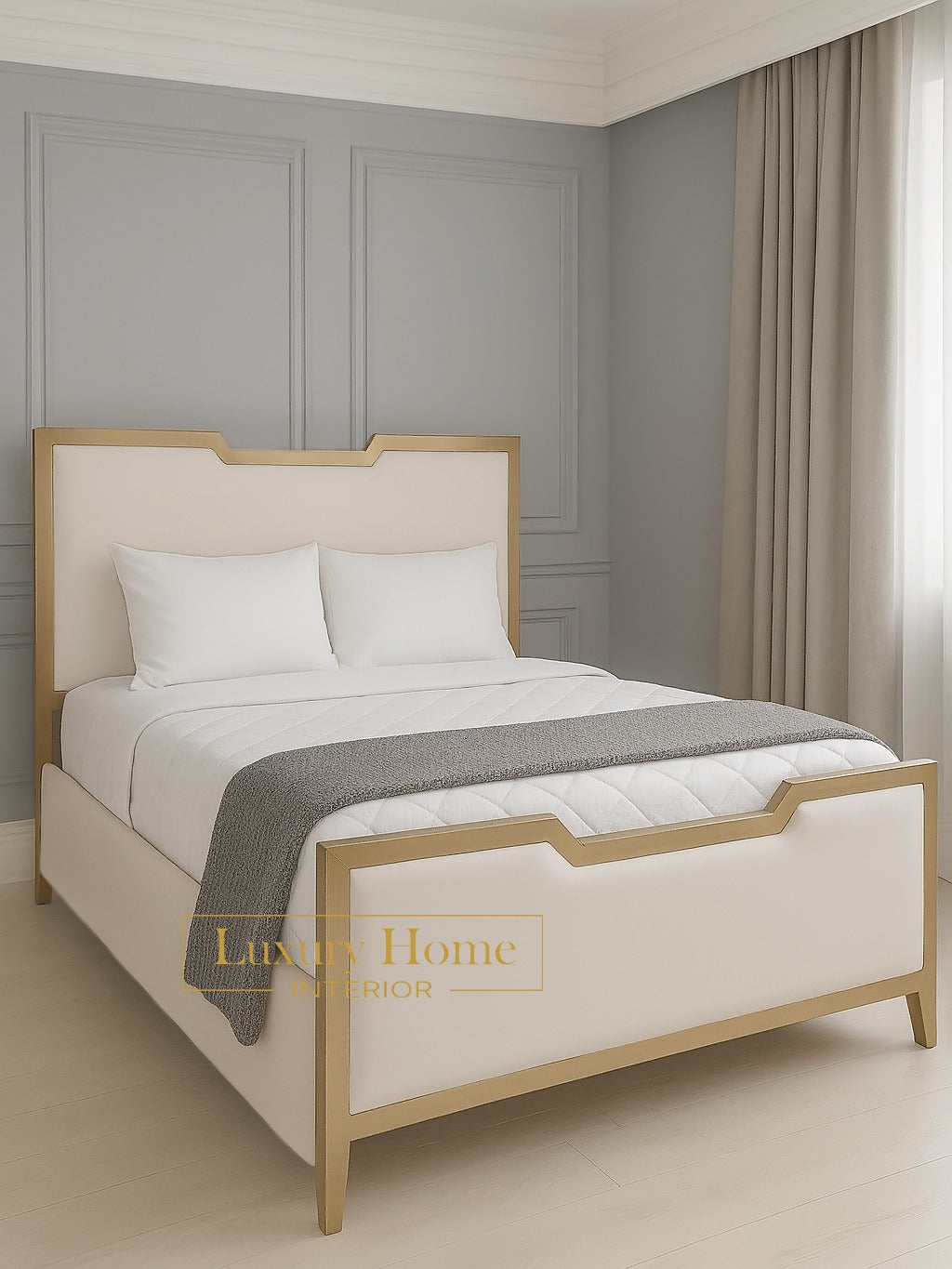The Bespoke Royal Dubai II Bed- With Gold Metal Surround- Gold & Cream Fully Customisable with Storage Options