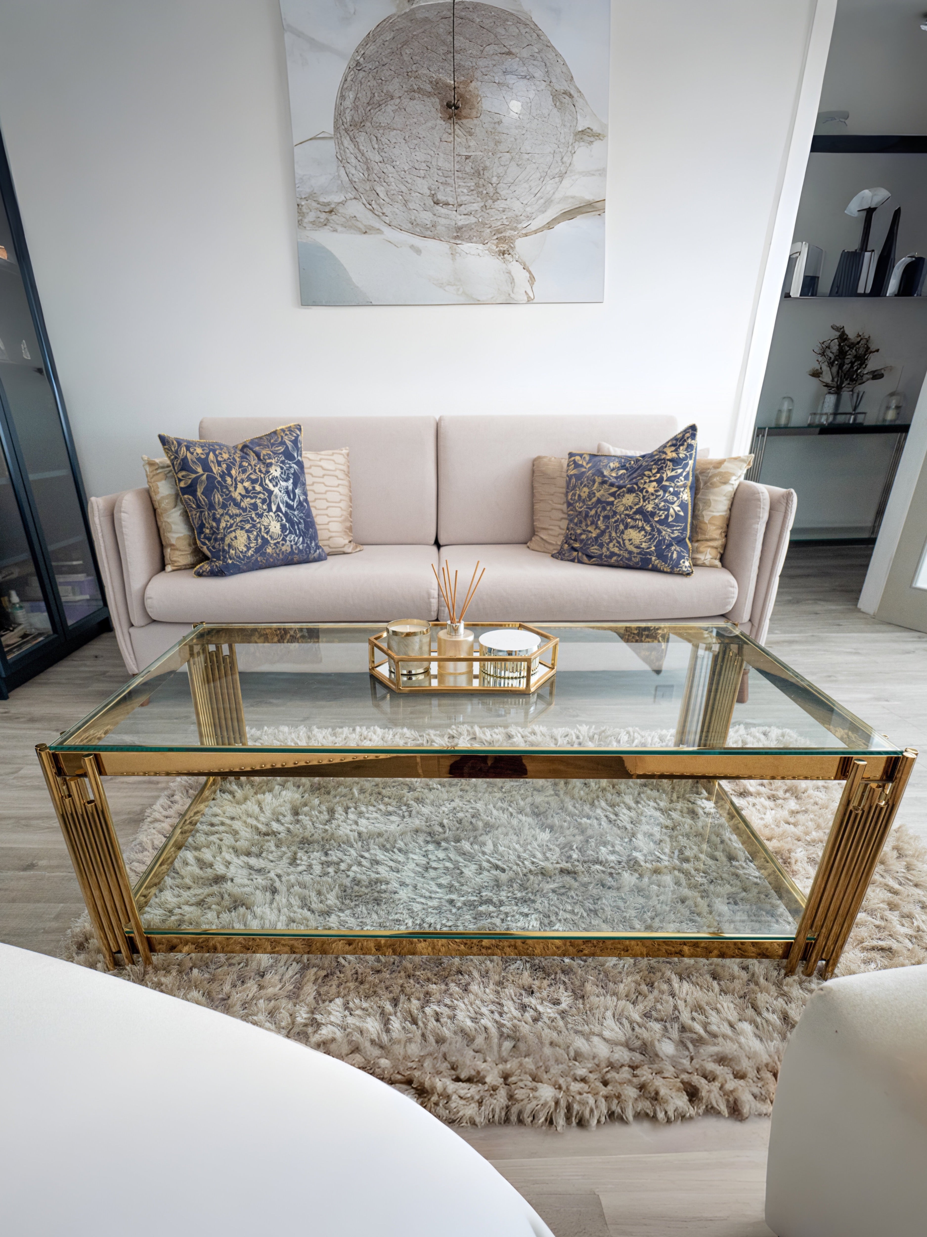 Cohen Gold Metal Tubes & Clear Glass Coffee Table