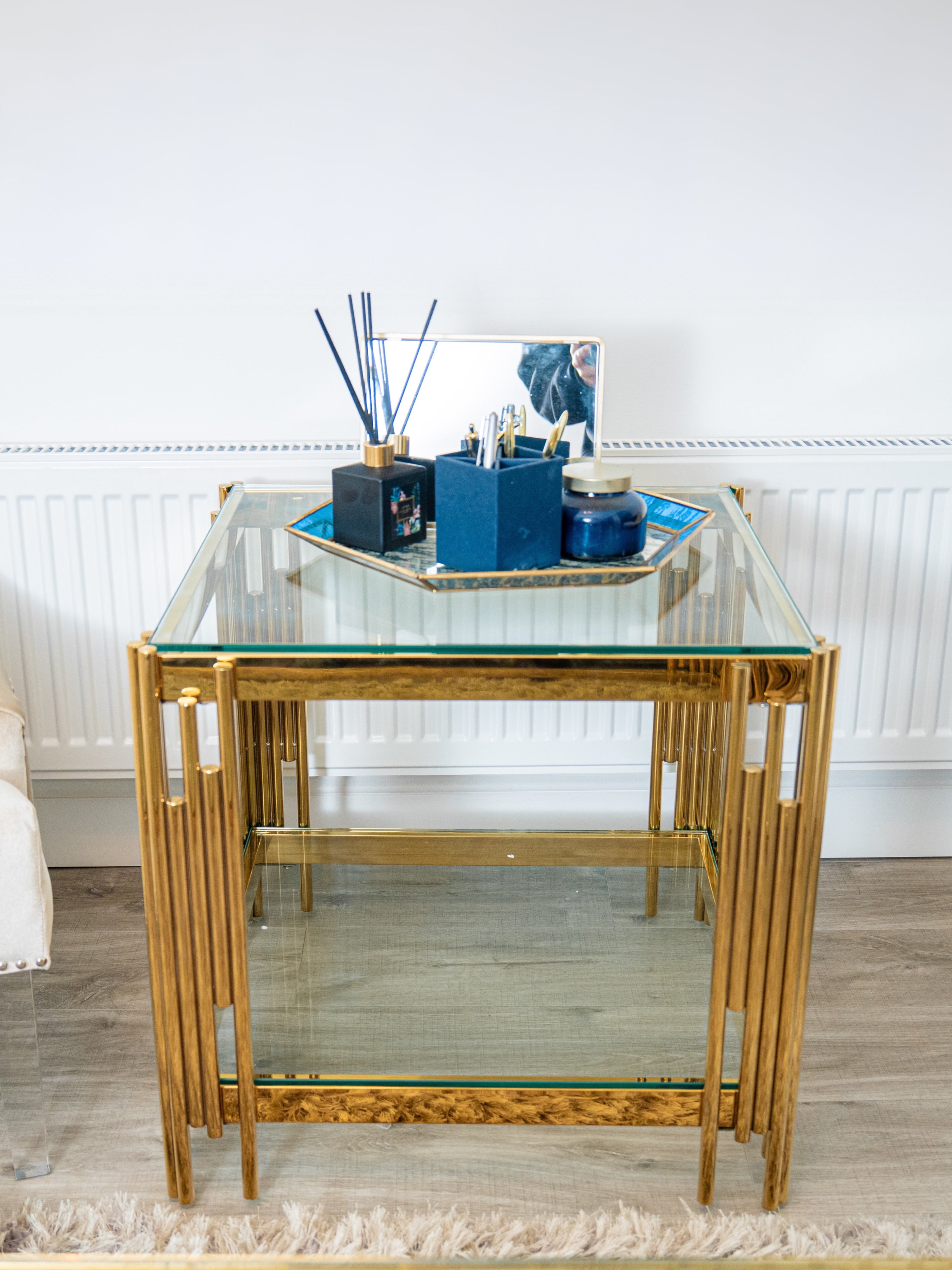 Cohen Gold Metal Tubes & Clear Glass Side End Table