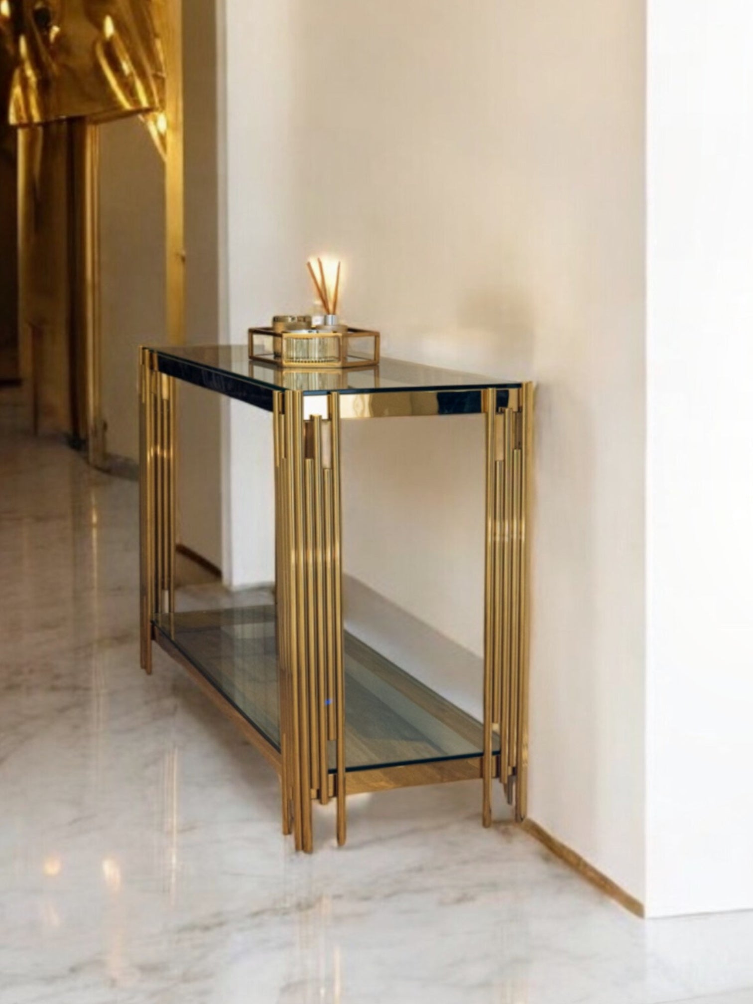 Cohen Gold Metal Tubes & Clear Glass Gold Console Table