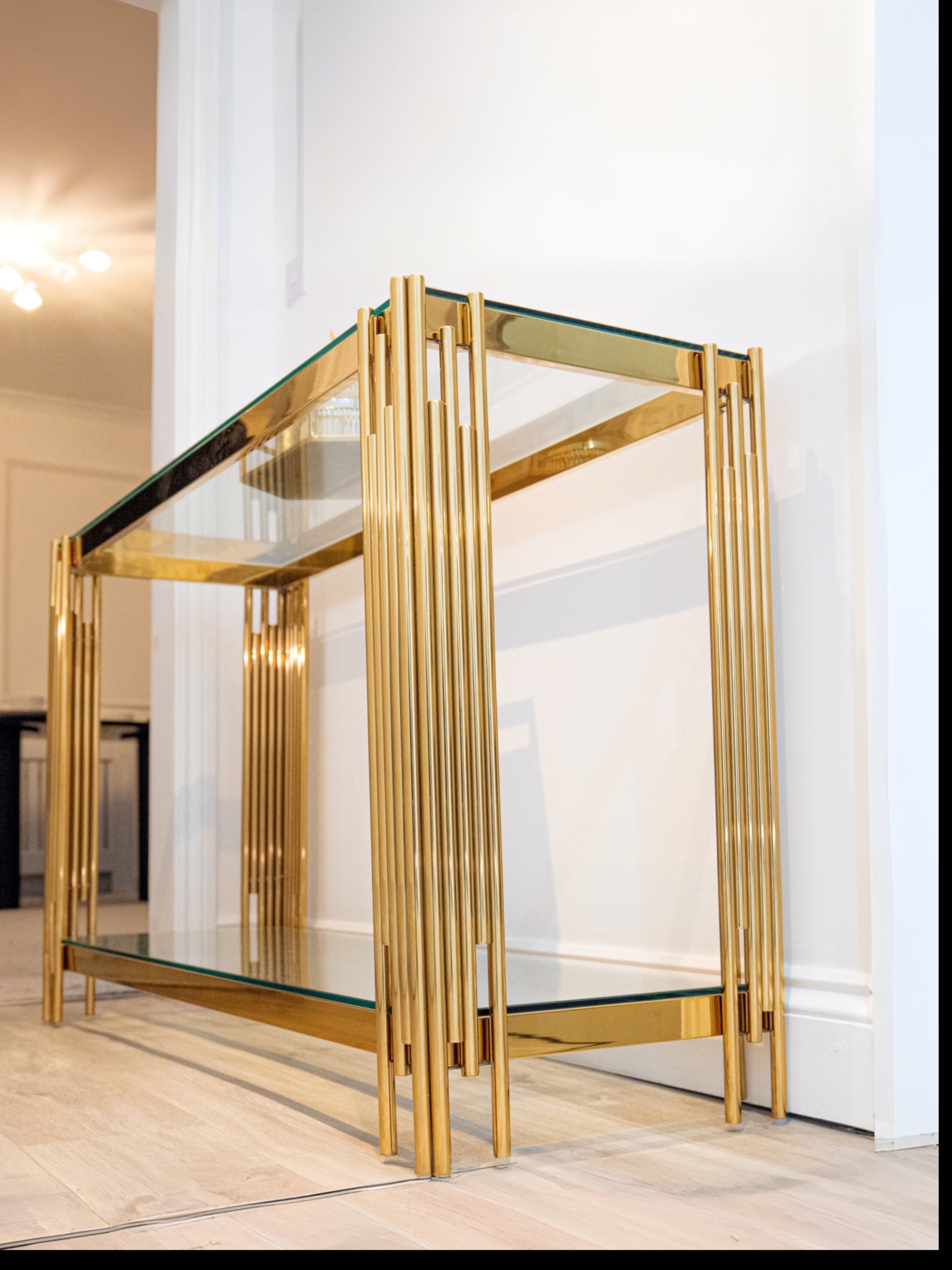 Cohen Gold Metal Tubes & Clear Glass Gold Console Table