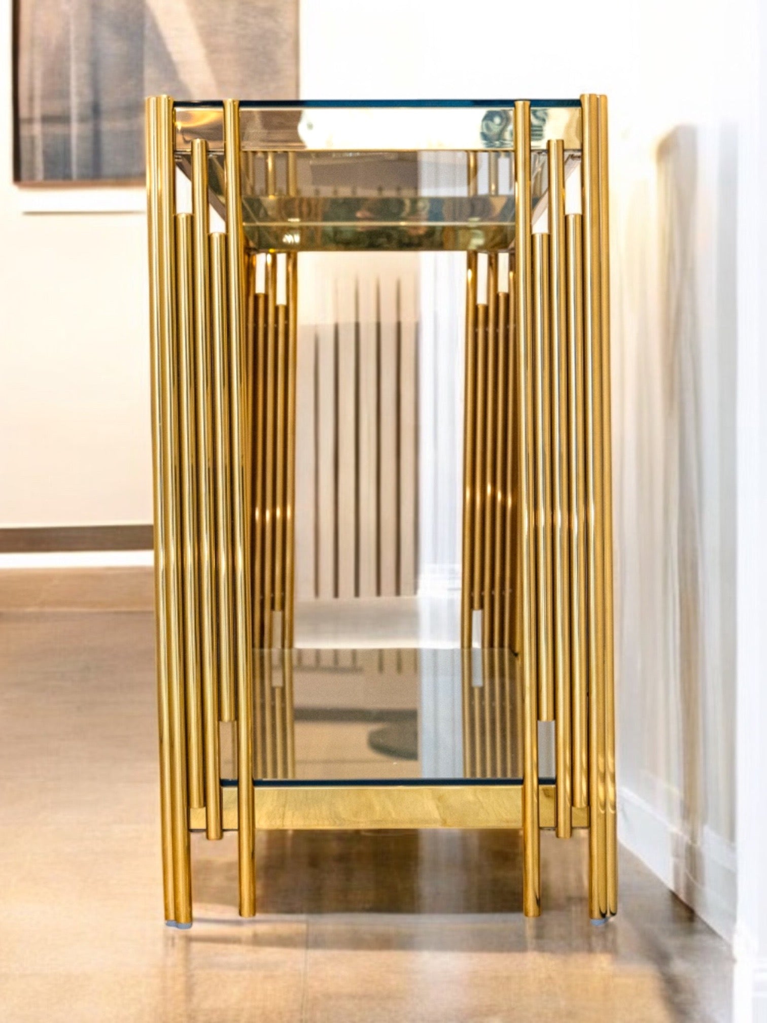 Cohen Gold Metal Tubes & Clear Glass Gold Console Table