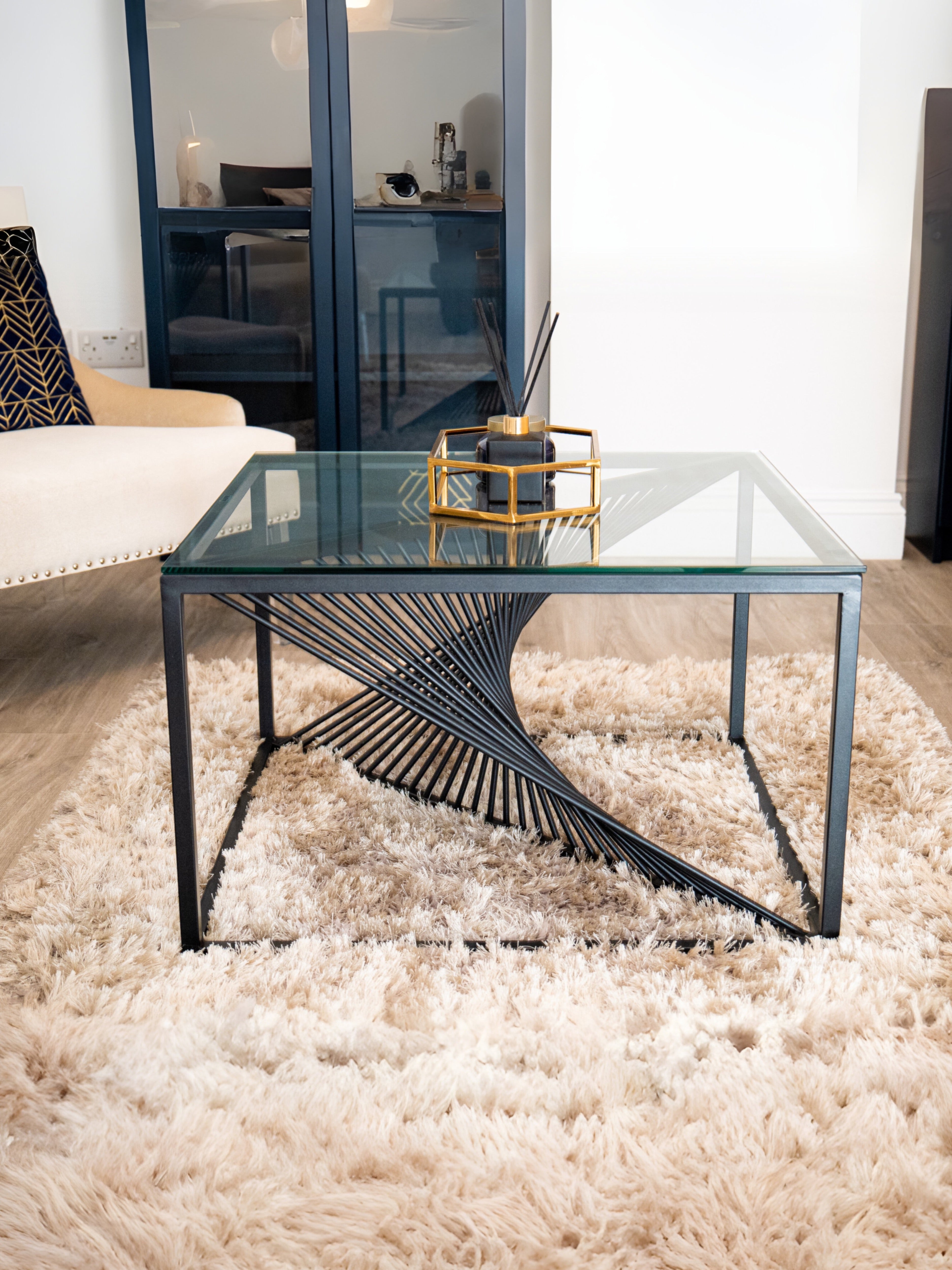 Luna Black Metal Twist Glass Topped Luxury Coffee Table