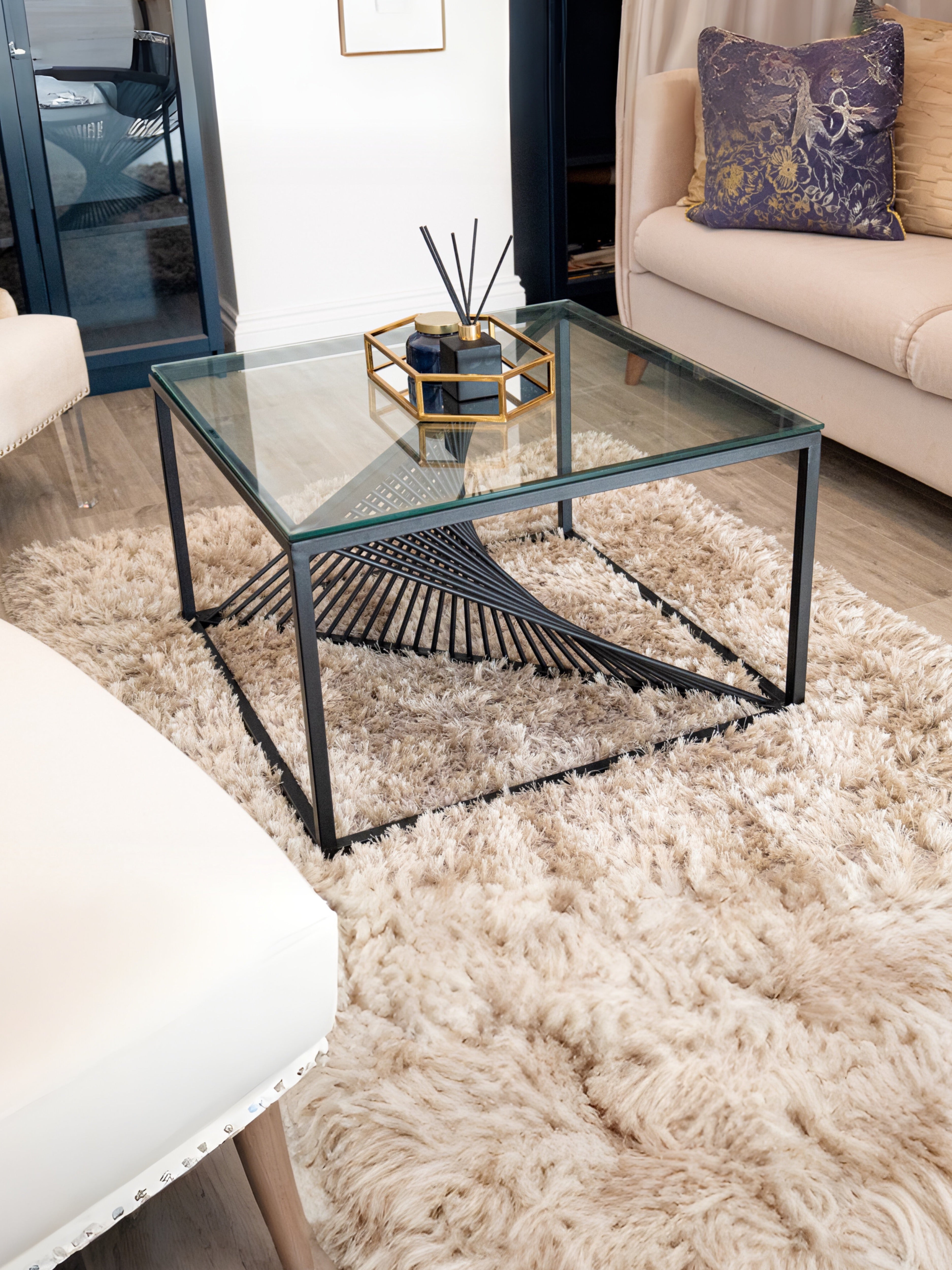 Luna Black Metal Twist Glass Topped Luxury Coffee Table