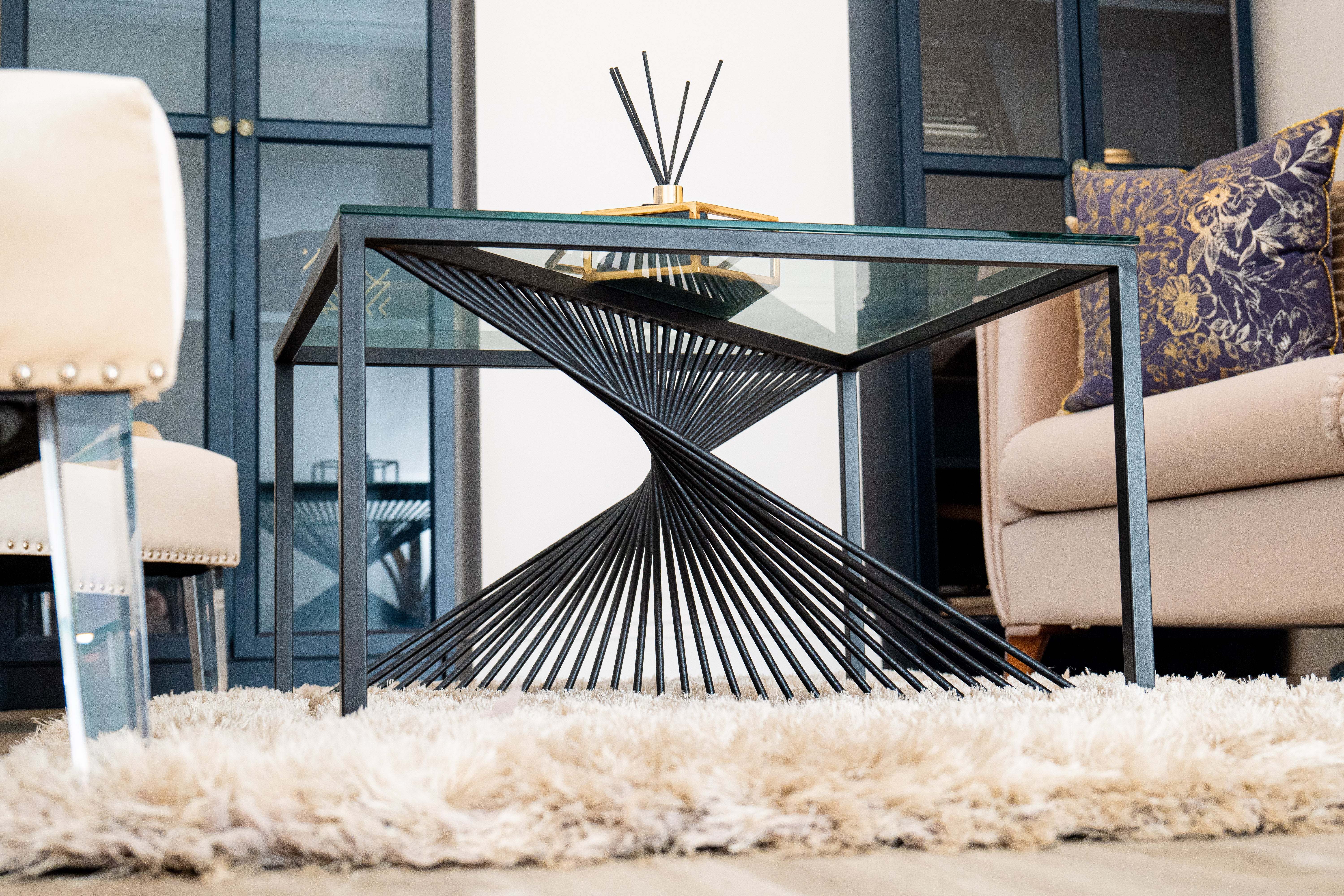 Luna Black Metal Twist Glass Topped Luxury Coffee Table