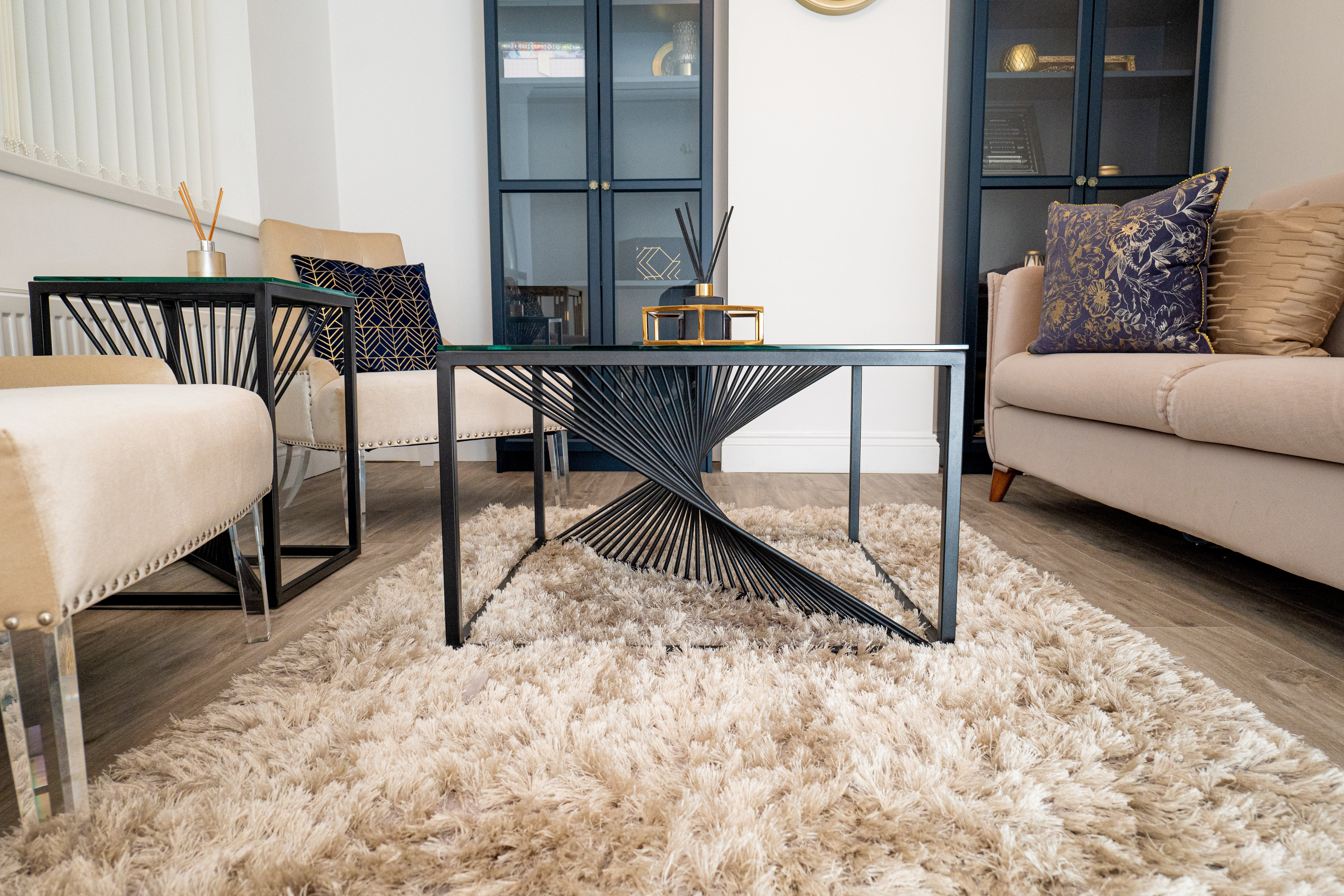 Luna Black Metal Twist Glass Topped Luxury Coffee Table