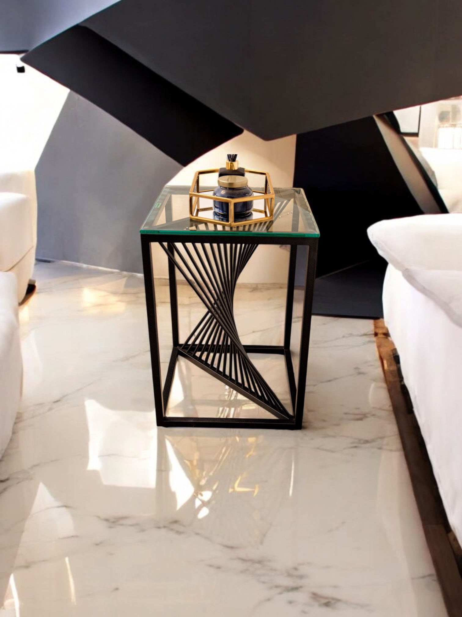 Luna Black Metal Twist Glass Topped Luxury End Table