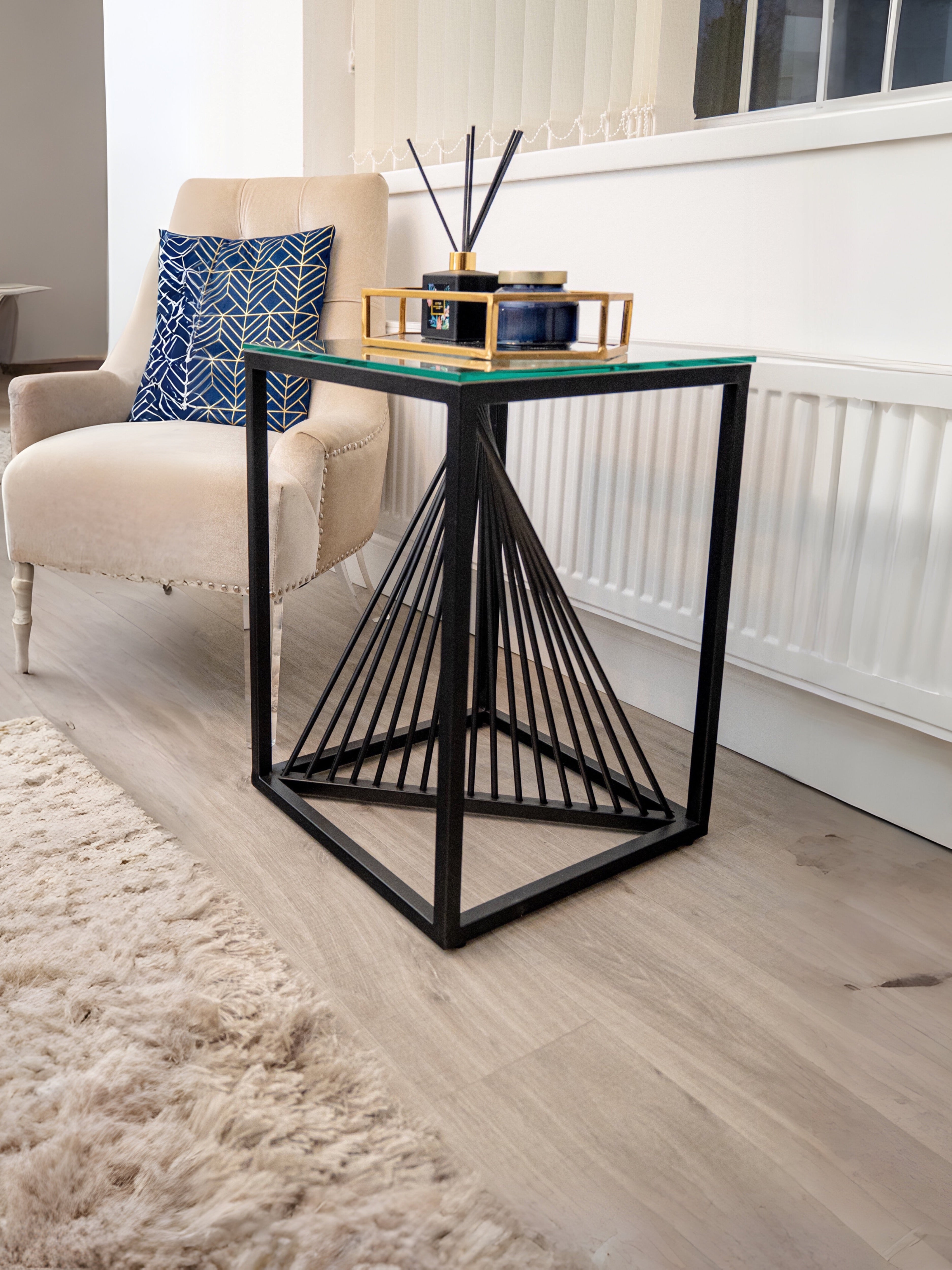 Luna Black Metal Twist Glass Topped Luxury End Table