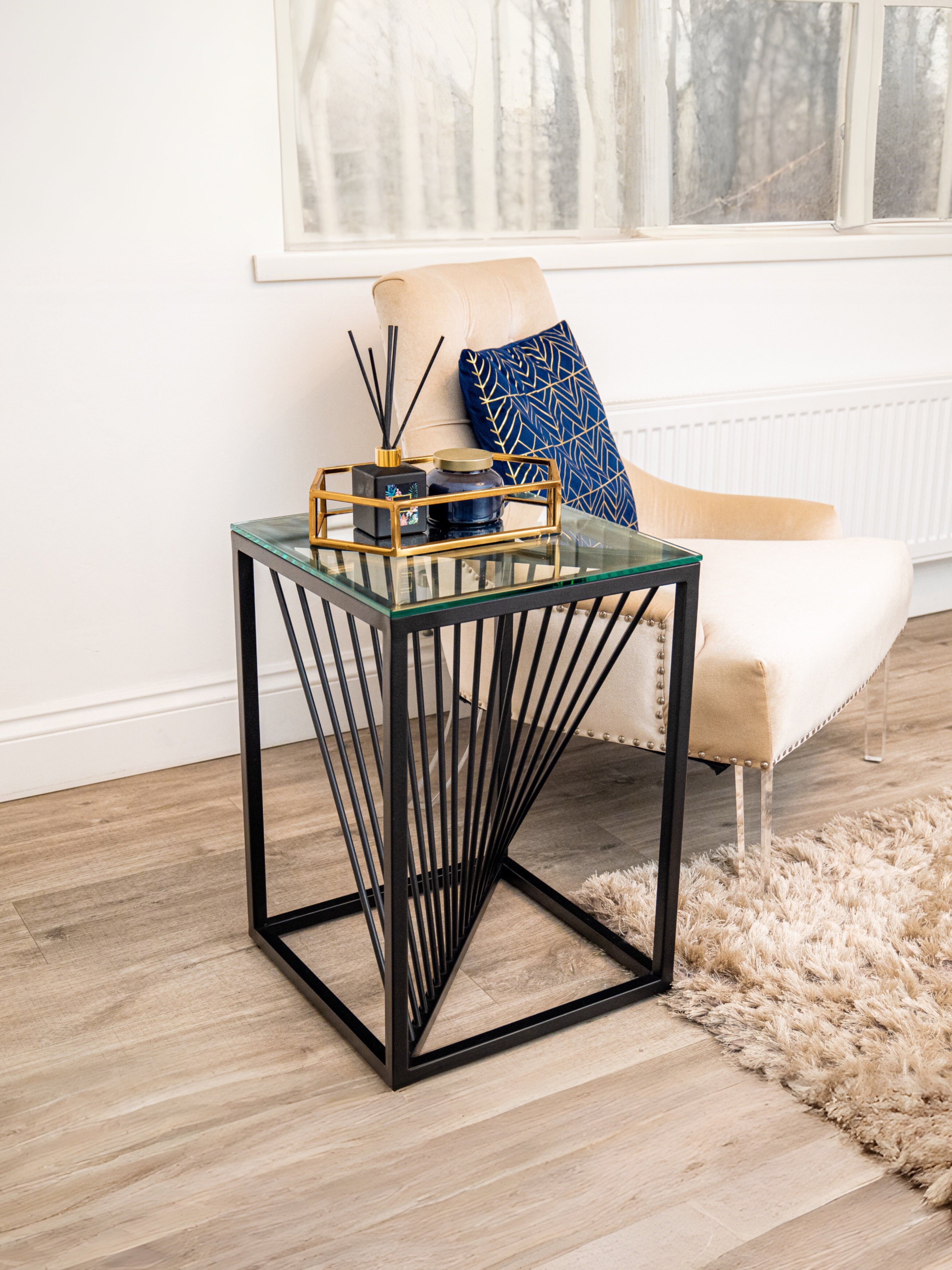 Luna Black Metal Twist Glass Topped Luxury End Table